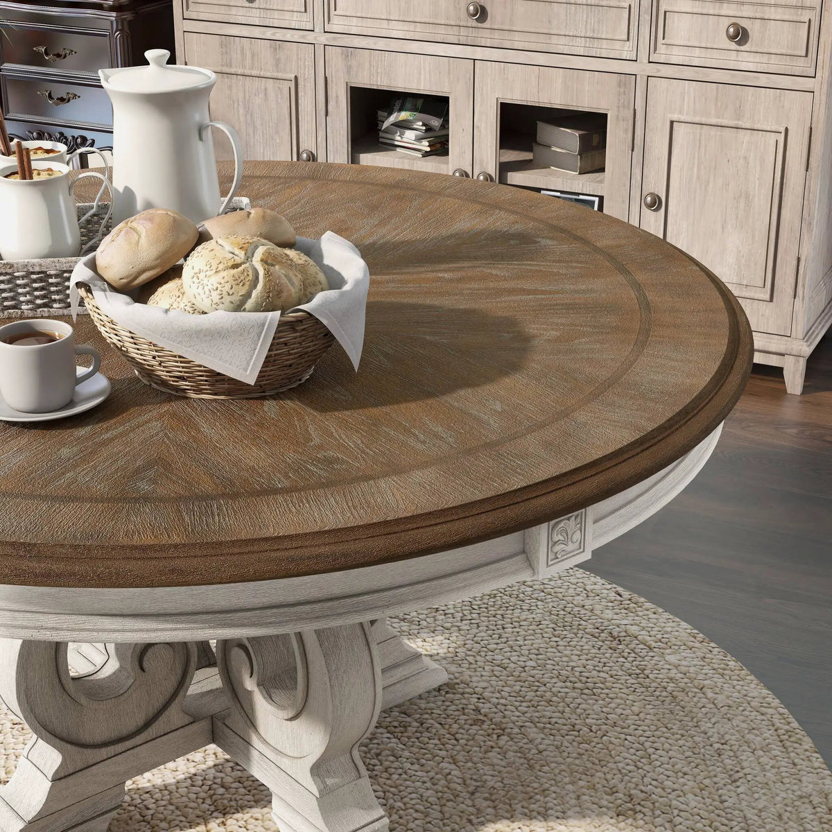 Round Dining Set | 7-Piece | Rustic Style | Pedestal Base Table With Side Chairs