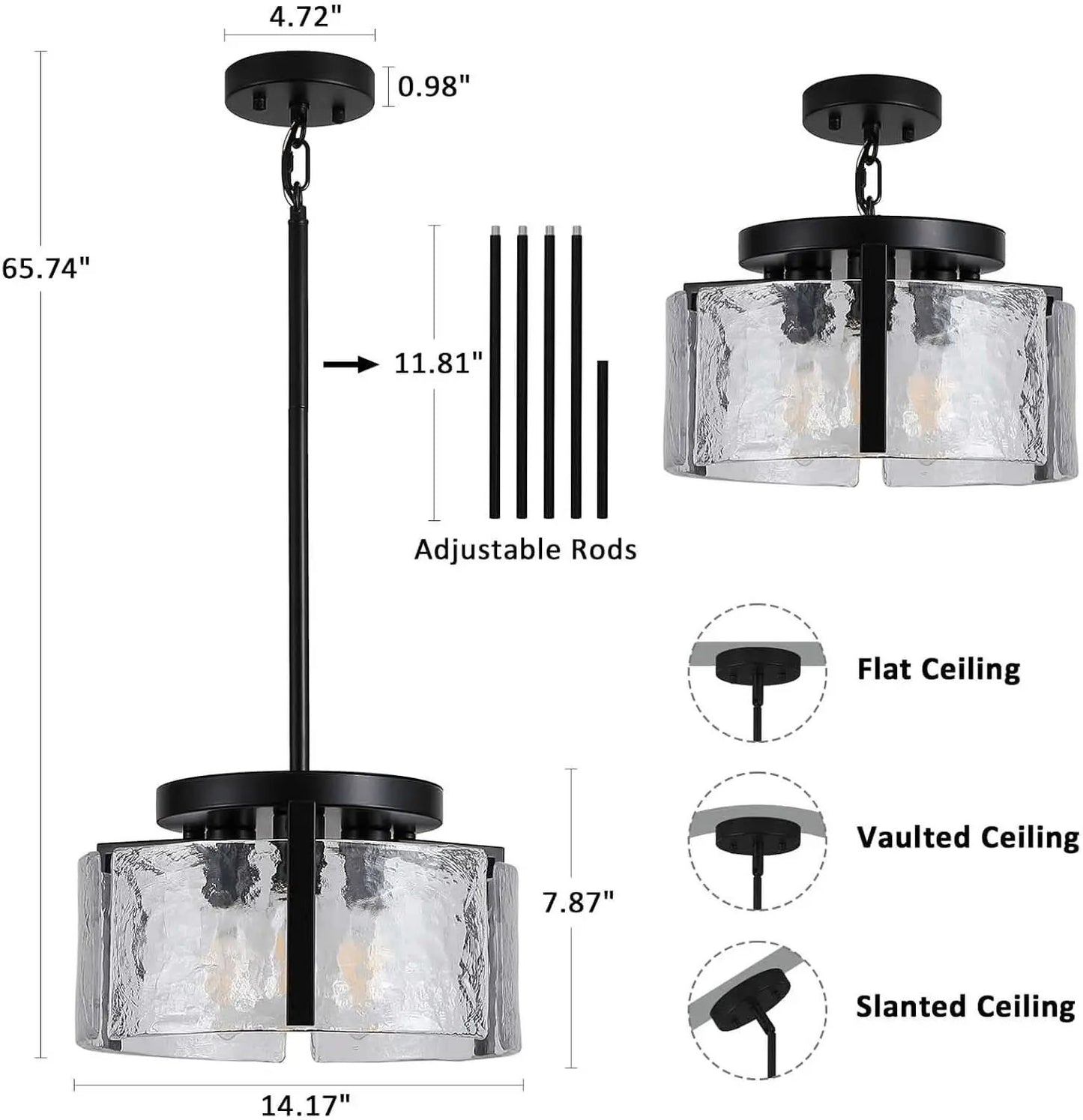 Black Adjustable Farmhouse Chandelier For Dining Room With Hammered Glass from PriceLows™