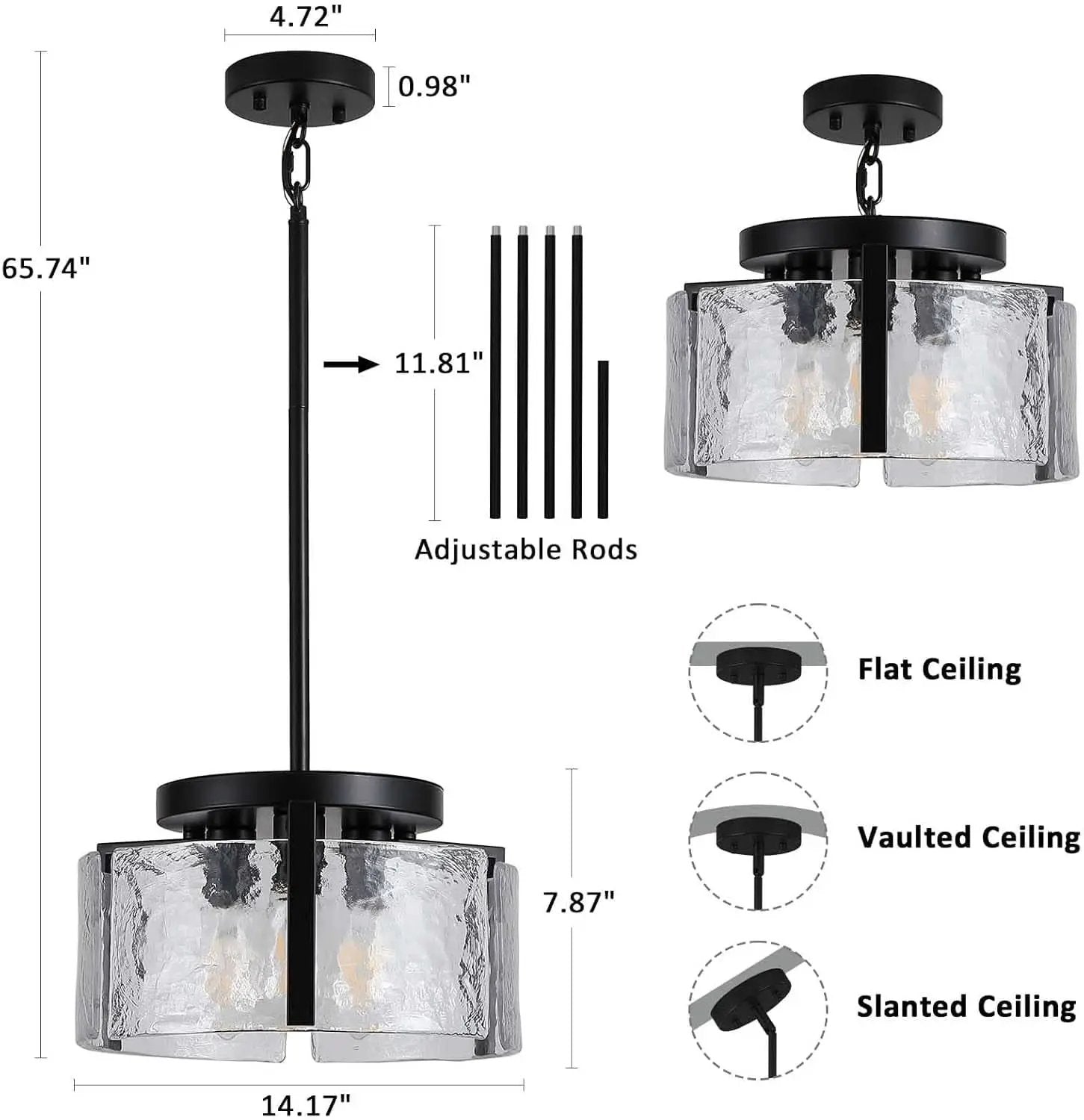 Black Adjustable Farmhouse Chandelier For Dining Room With Hammered Glass from PriceLows™