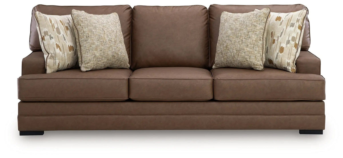VillaCourt Sofa | 93 x 40 x 38 in | Faux Leather & Wood | Caramel