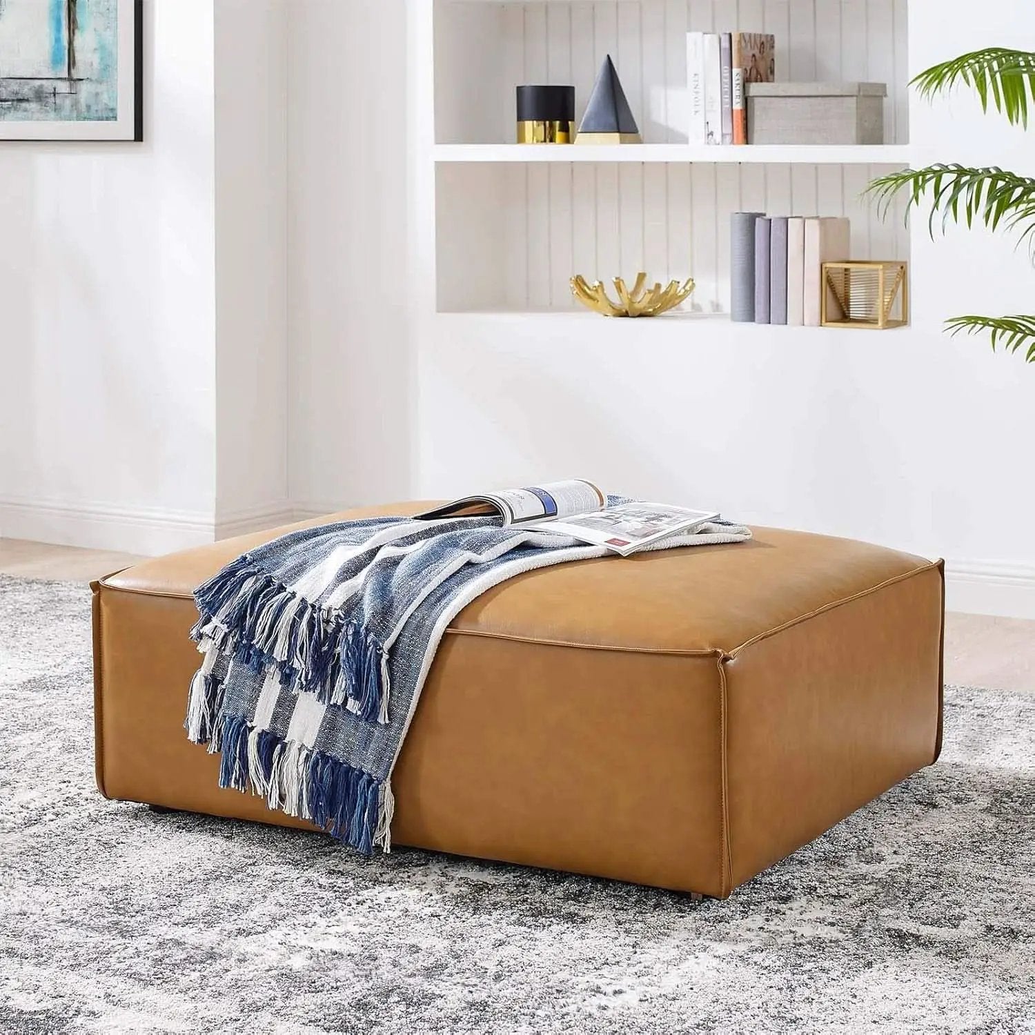 Tan Vegan Leather Contemporary Sectional Sofa Ottoman from PriceLows™