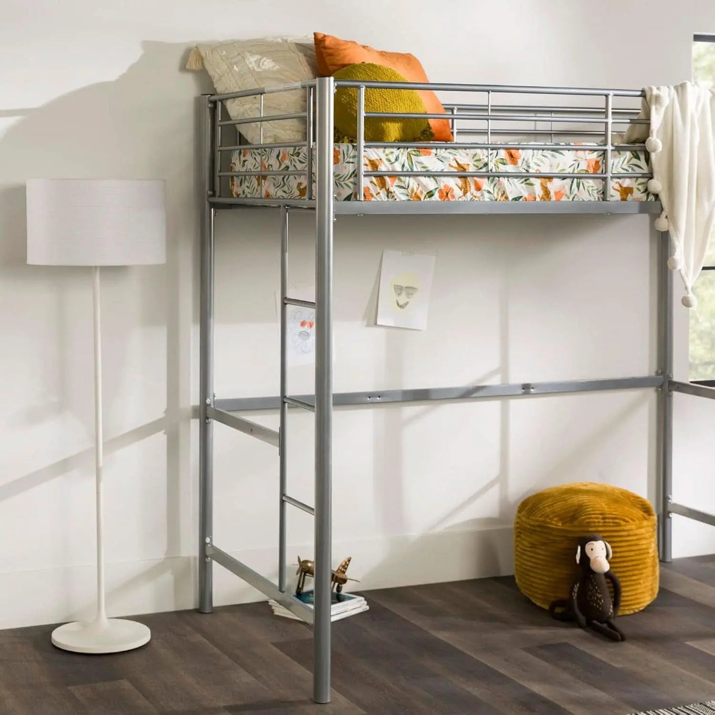 Silver Metal Industrial Twin Over Loft Bunk Bed With Ladder from PriceLows™