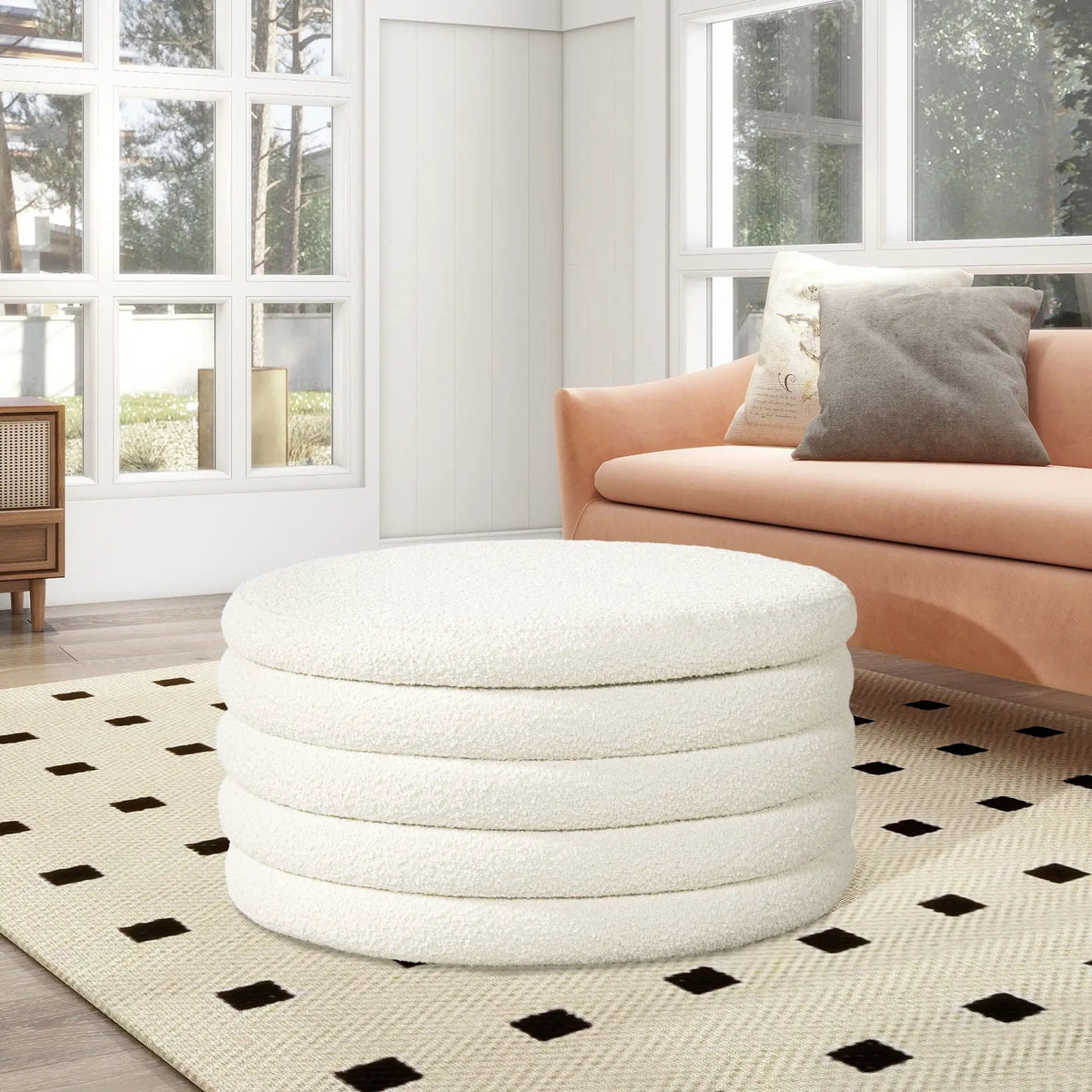 Fuji Oversized Round Storage Ottoman | Kiln-Dried Birchwood | Handmade Craftsmanship | 19 Inch Height