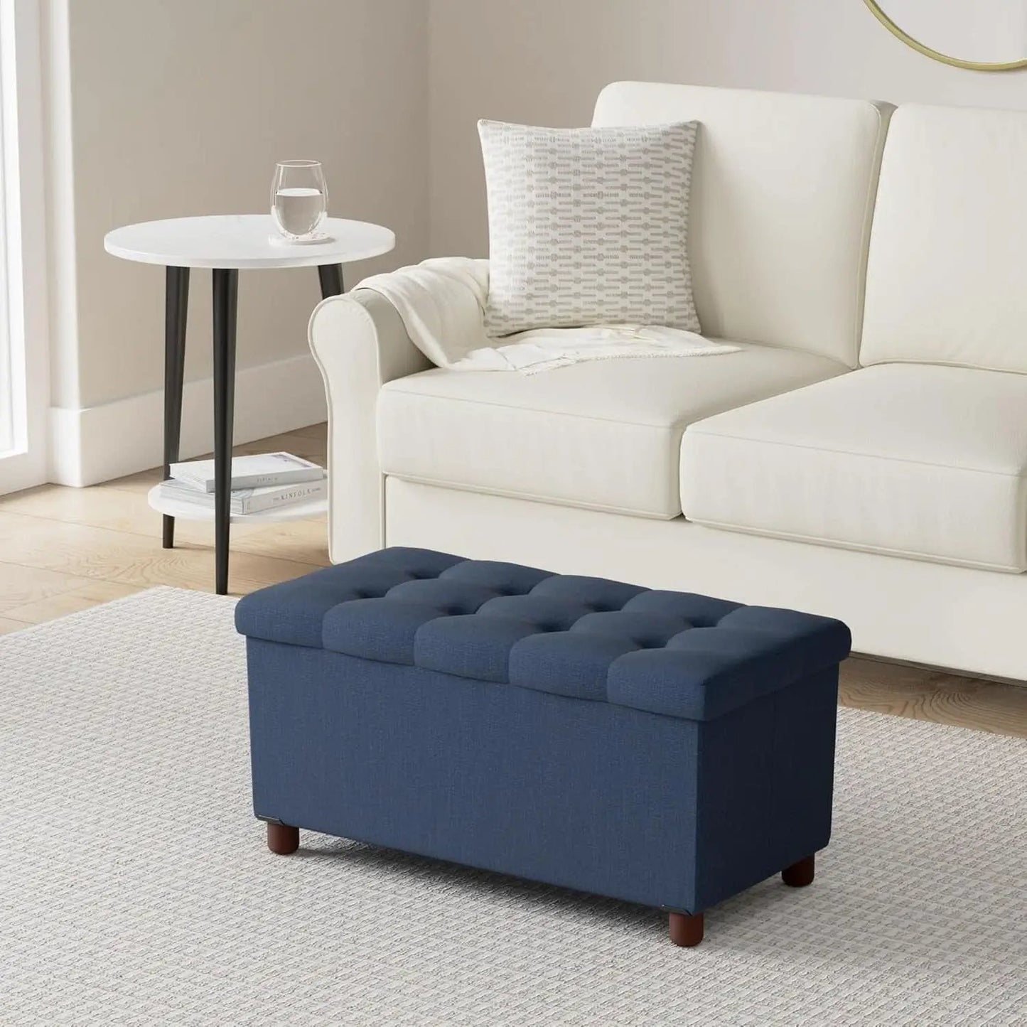 Blue Linen 30-Inch Storage Ottoman Bench Removable Lid from PriceLows™
