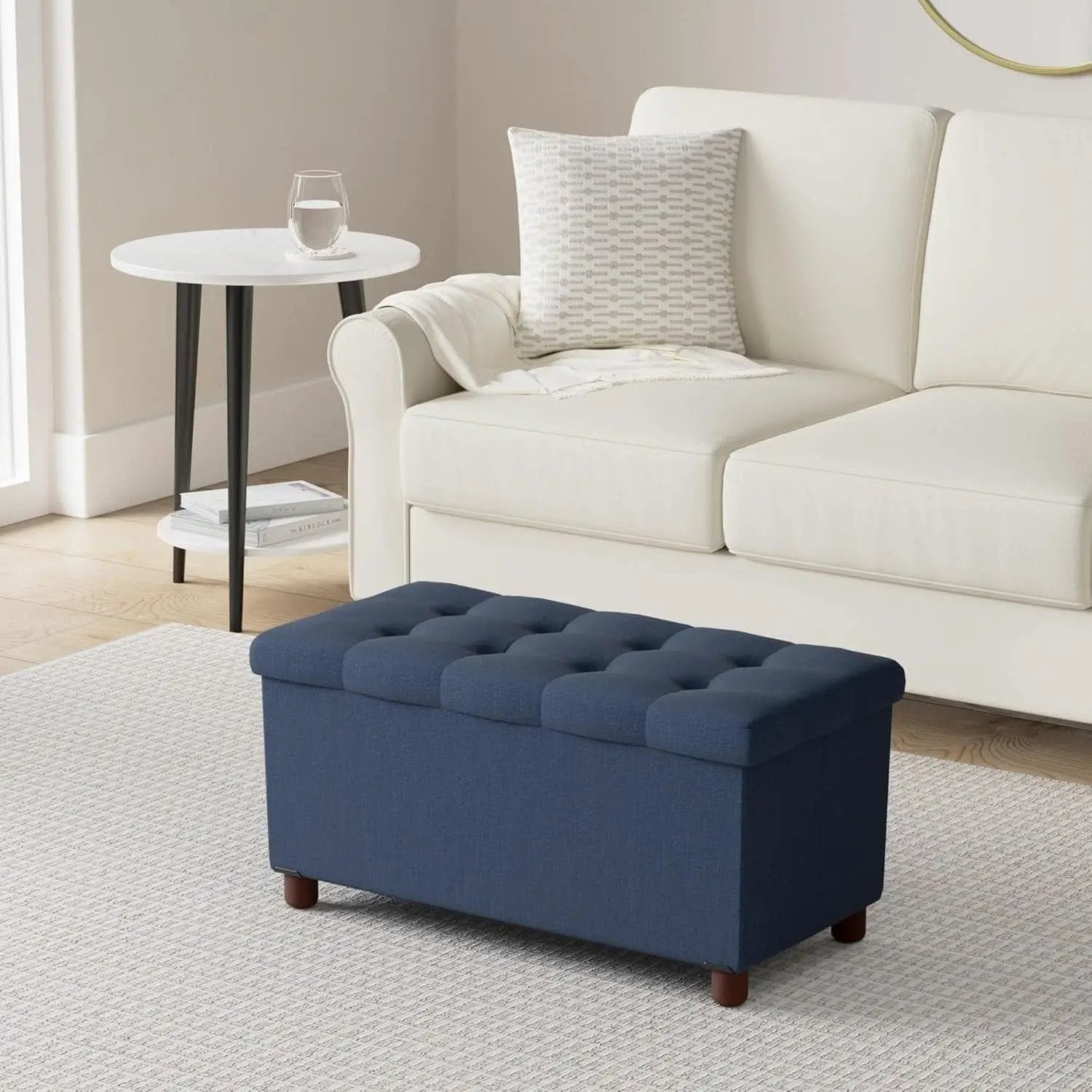 Blue Linen 30-Inch Storage Ottoman Bench Removable Lid from PriceLows™