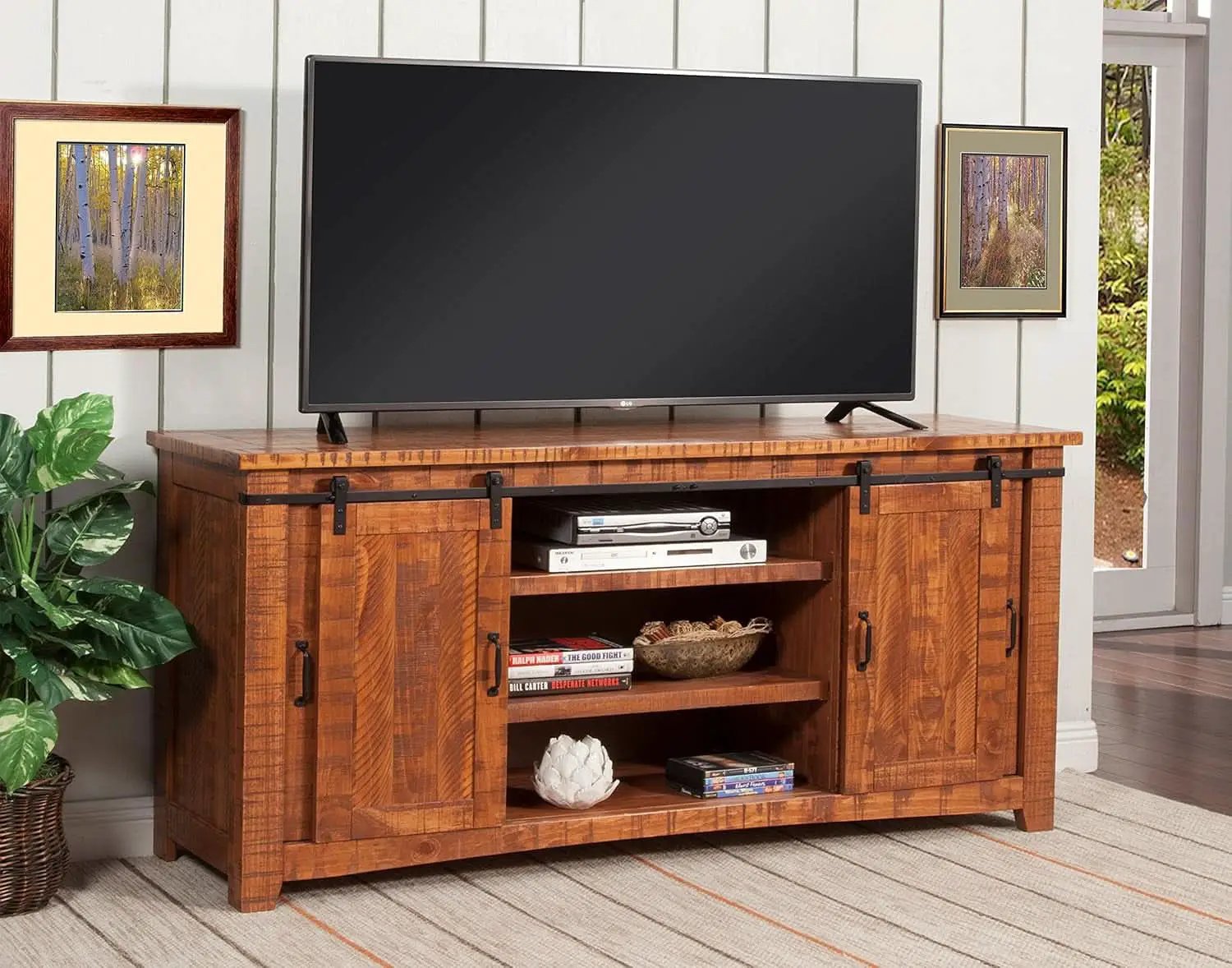 65 Inch Solid Wood TV Stand Honey Tobacco With Rustic Doors from PriceLows™