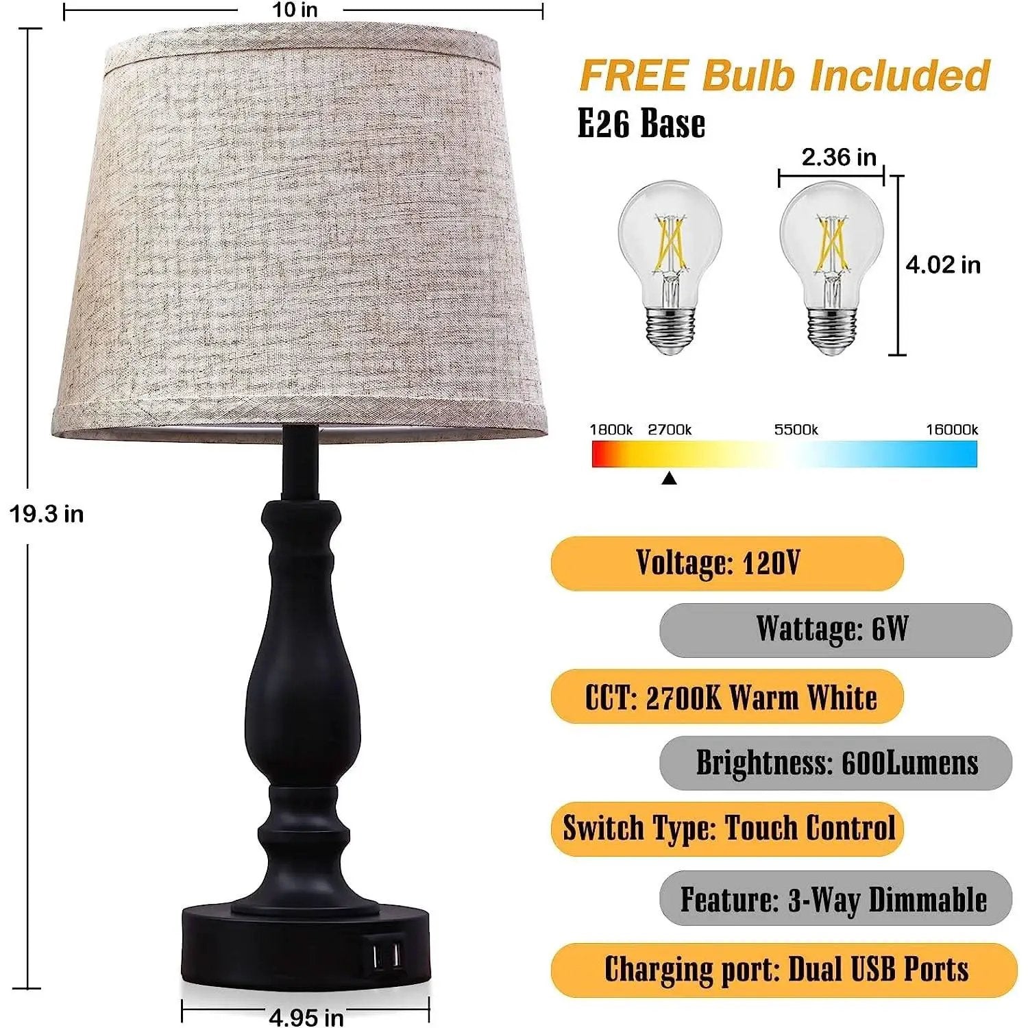Bedside Table Lamps Set Of 2 With USB Ports And Dimmable from PriceLows™
