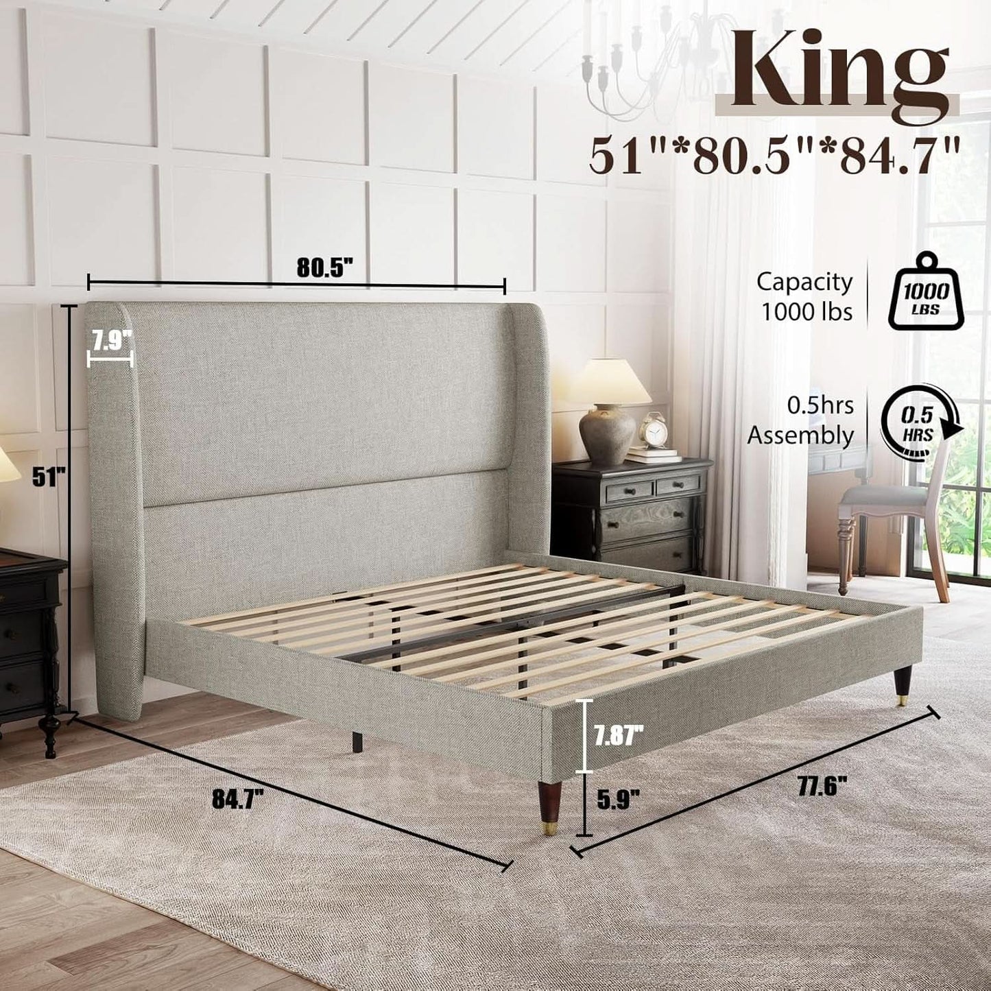 King Size Wingback Headboard Upholstered Bed Frame Khaki from PriceLows™