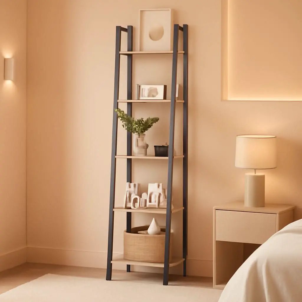 Greige 5 Tier Ladder Shelf Bookcase Freestanding Corner from PriceLows™