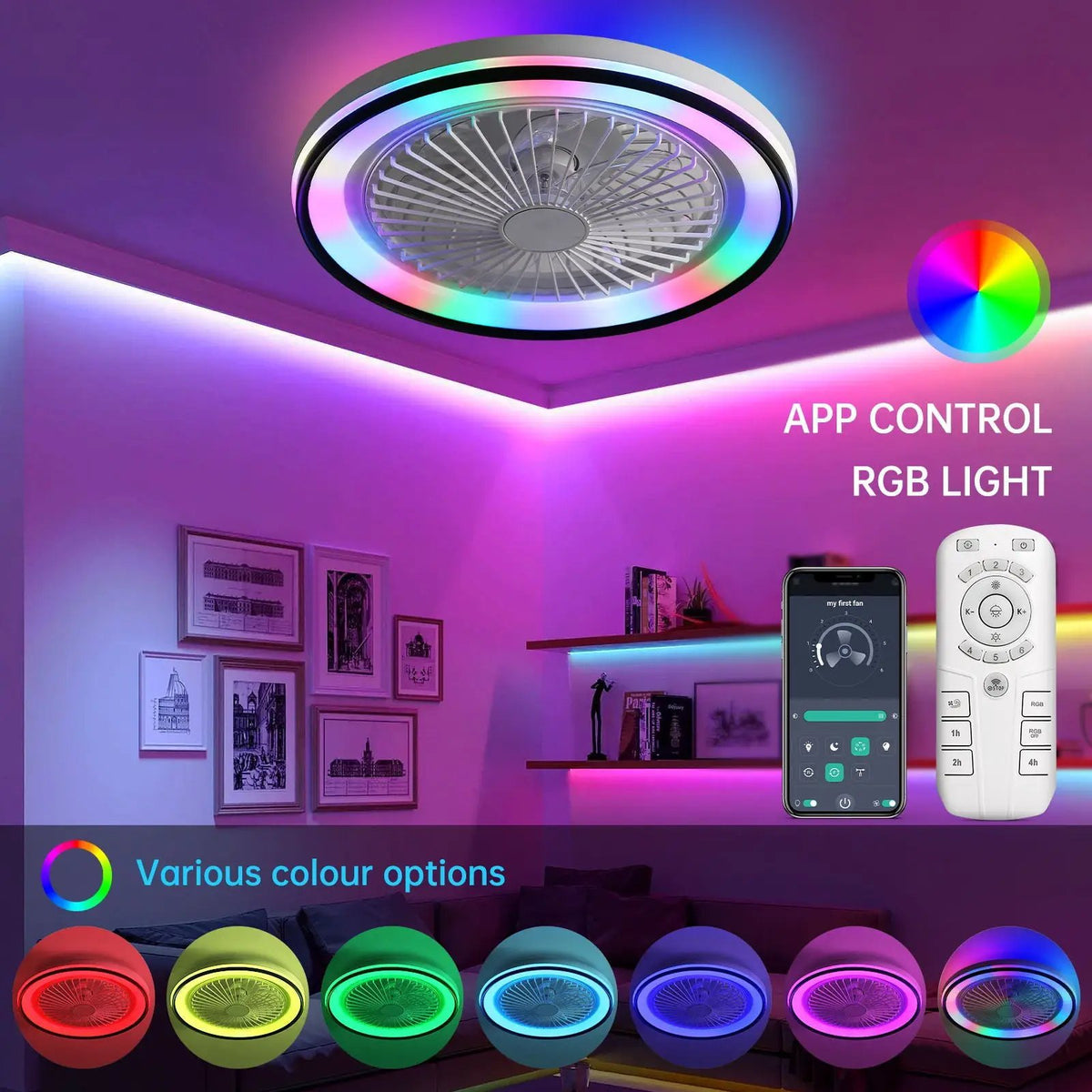 Enclosed Bladeless Ceiling Fan | RGB LED | 7 Transparent ABS Blades | 6 Speed Remote