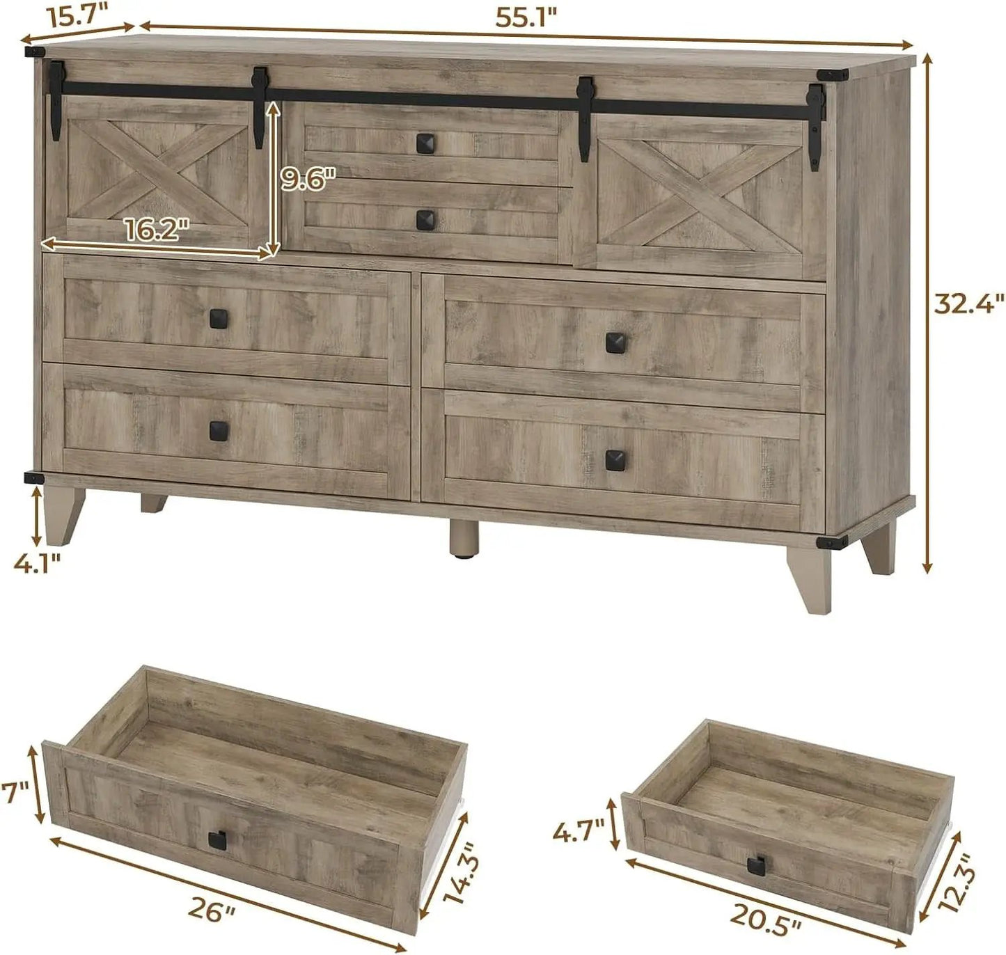 Six Drawer Dresser Rustic Oakwood Sliding BarnDoor from PriceLows™