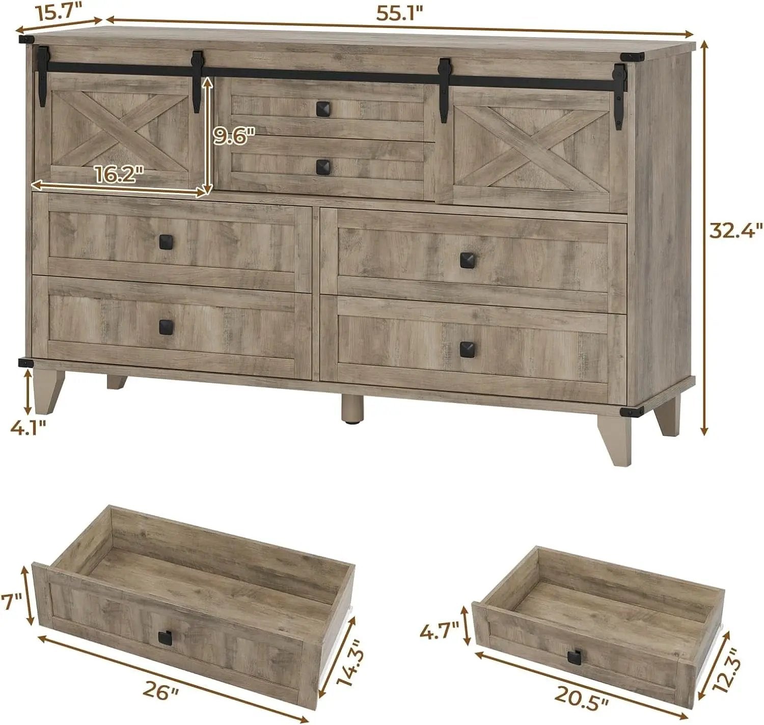 Six Drawer Dresser Rustic Oakwood Sliding BarnDoor from PriceLows™