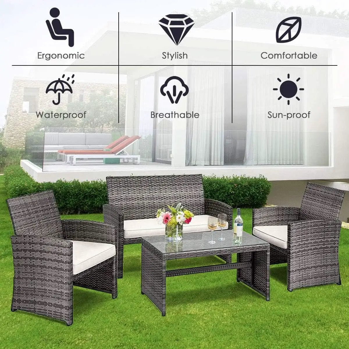 4 Piece Wicker Patio Conversation Set With Soft Cushions from PriceLows™