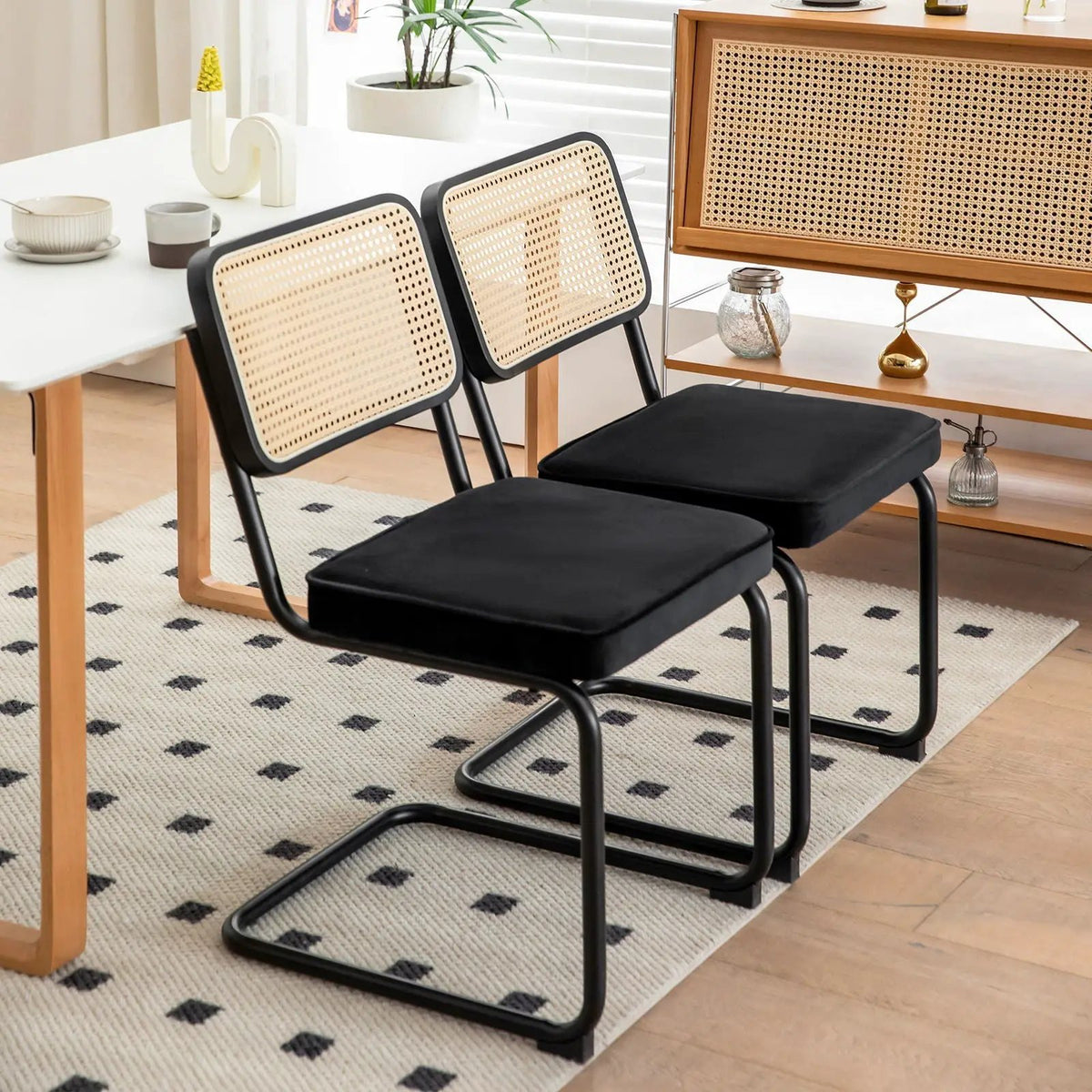 Rattan Dining Chairs | Set Of 2 | Painted Legs | Cantilever Mid-Century Style