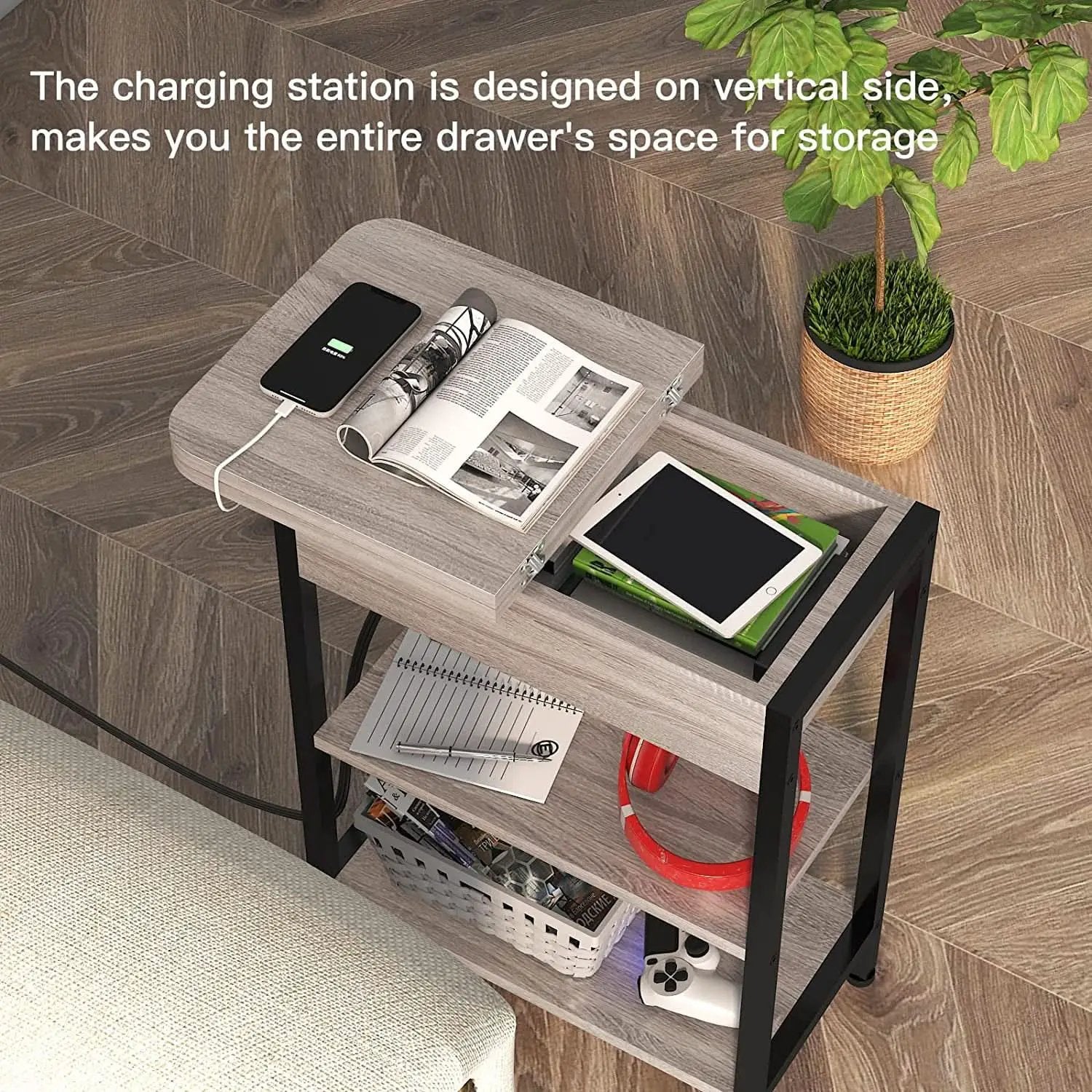 End Table With Vertical Charging Station And USB Outlets Greige from PriceLows™