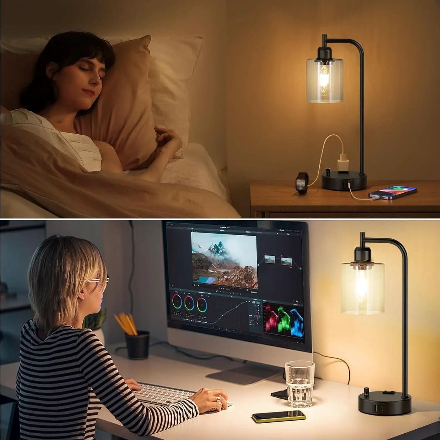 Industrial Nightstand Lamps Set of 2 Dimmable USB C Ports from PriceLows™
