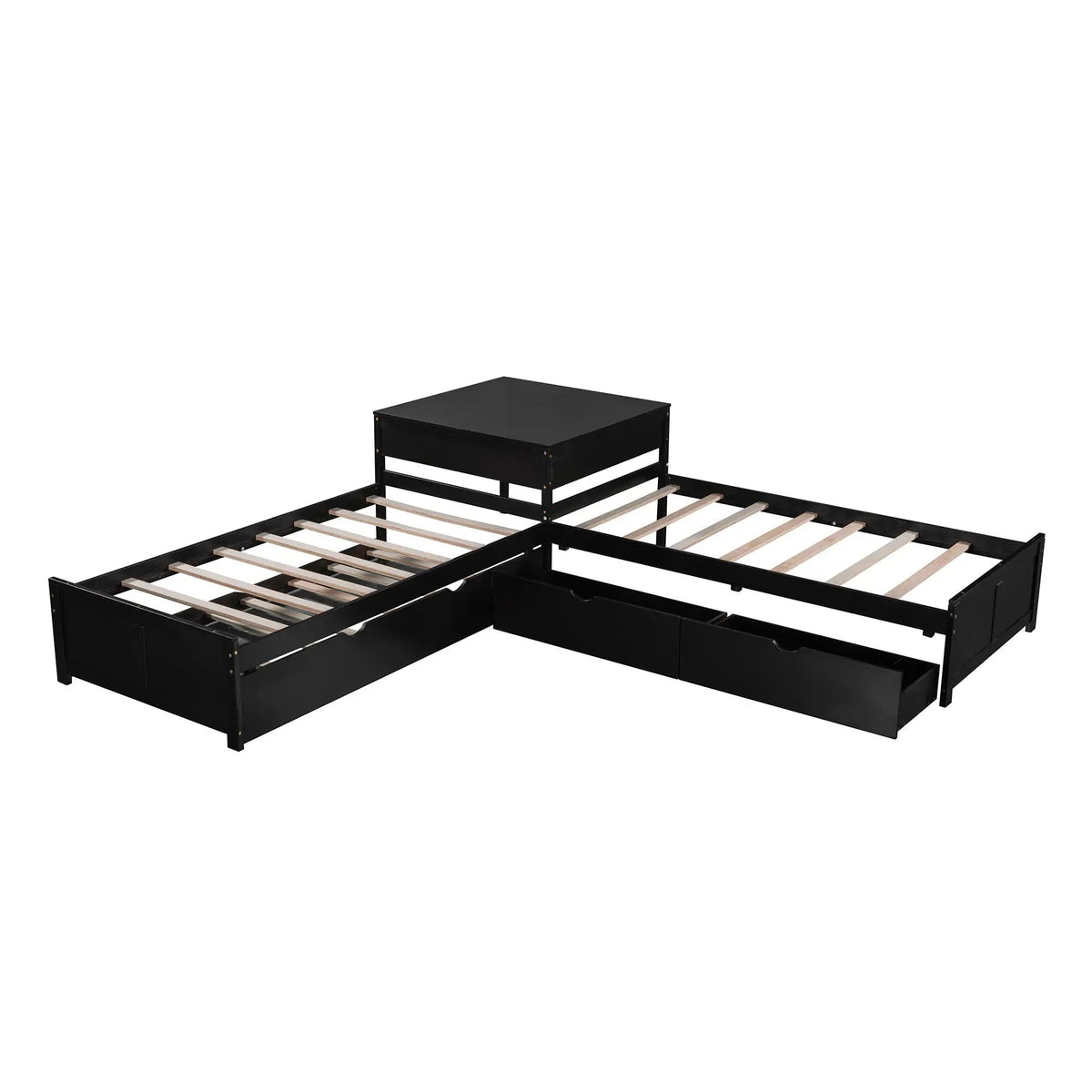 L Shaped Platform Bed | Built In Desk | Trundle With Drawers | Twin Size
