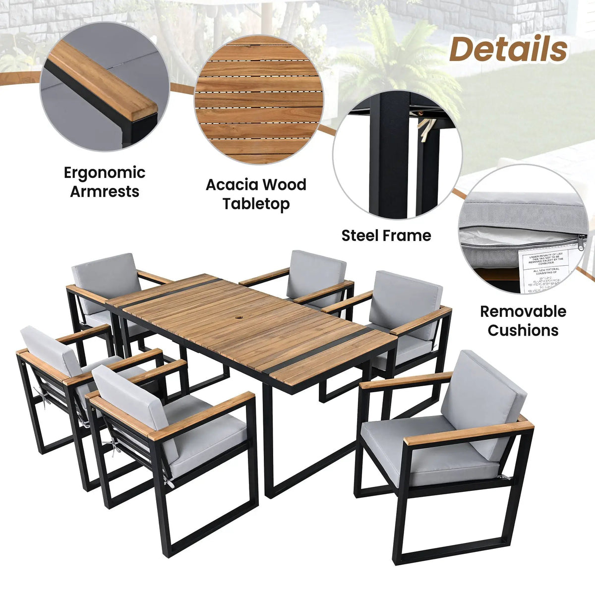 7-Piece Outdoor Dining Set | Acacia Wood And Steel Frame | Removable Cushions | Patio Table And Chairs