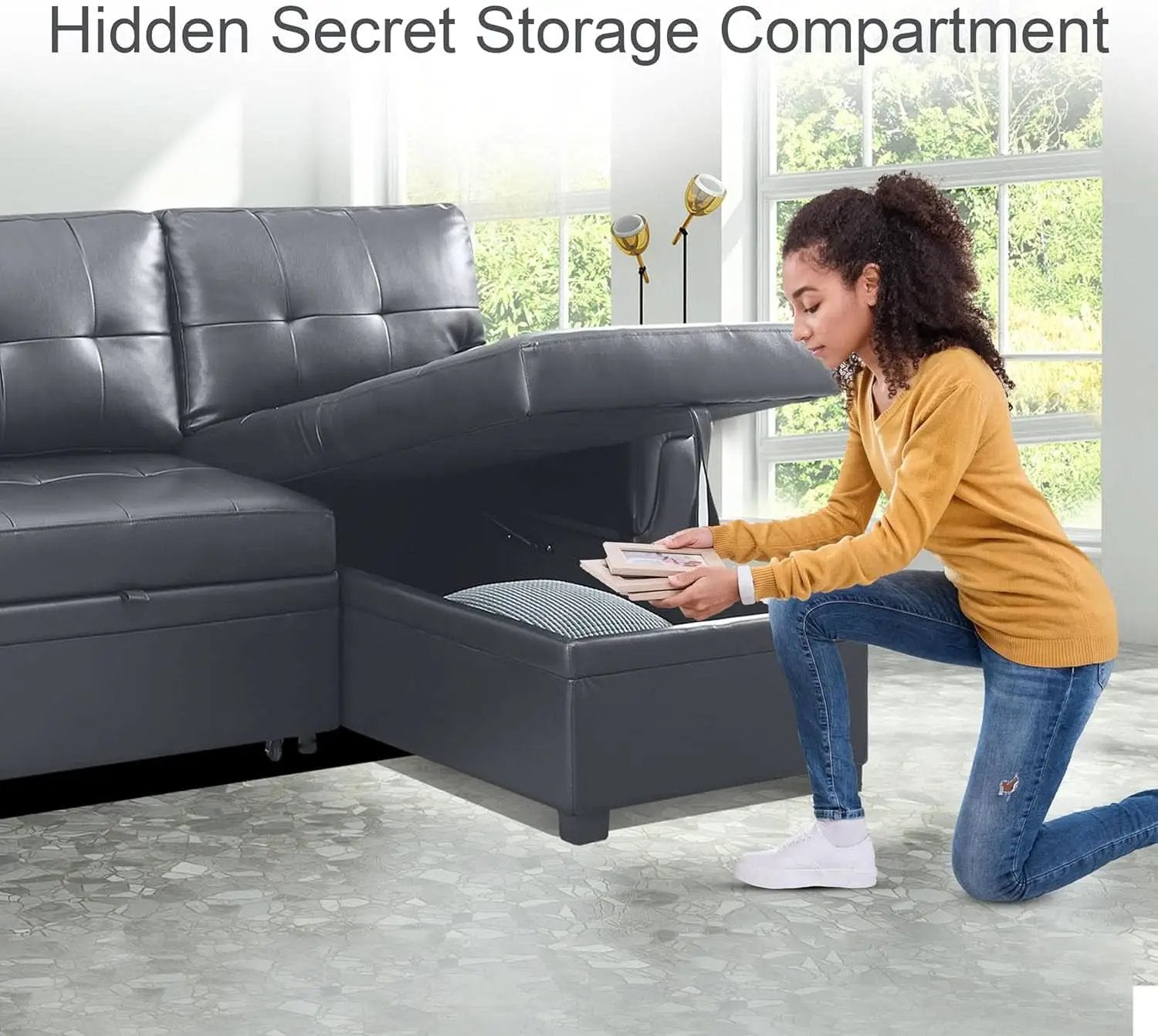 Sleeper Sectional Sofa With Convertible Bed In Dark Gray from PriceLows™