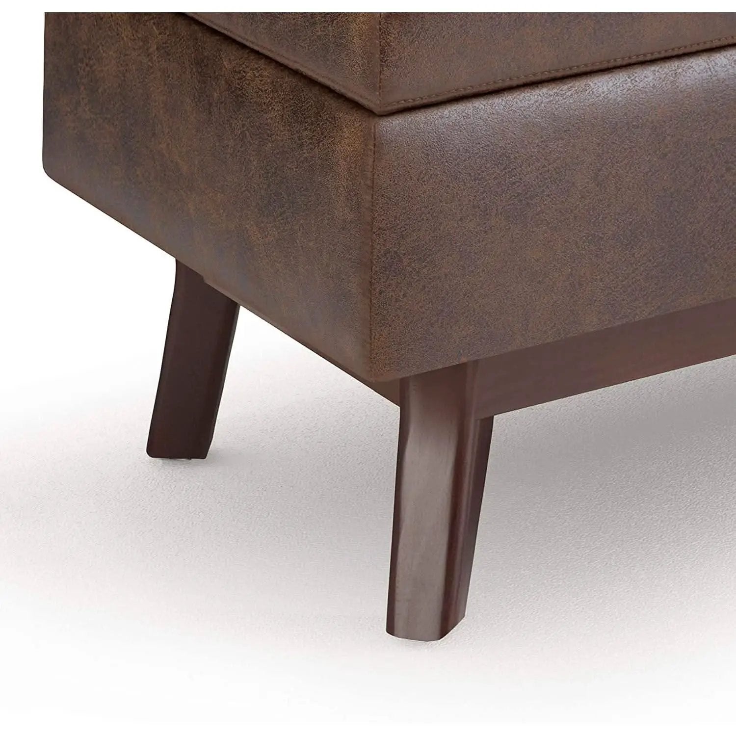 Mid Century Storage Ottoman 36W Chestnut Faux Leather from PriceLows™