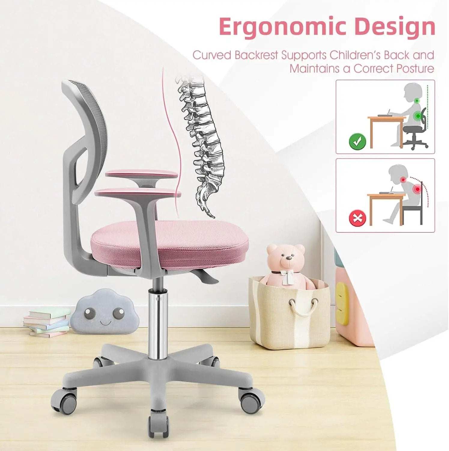 Kids Desk Chair Pink Height Adjustable Lumbar Support from PriceLows™