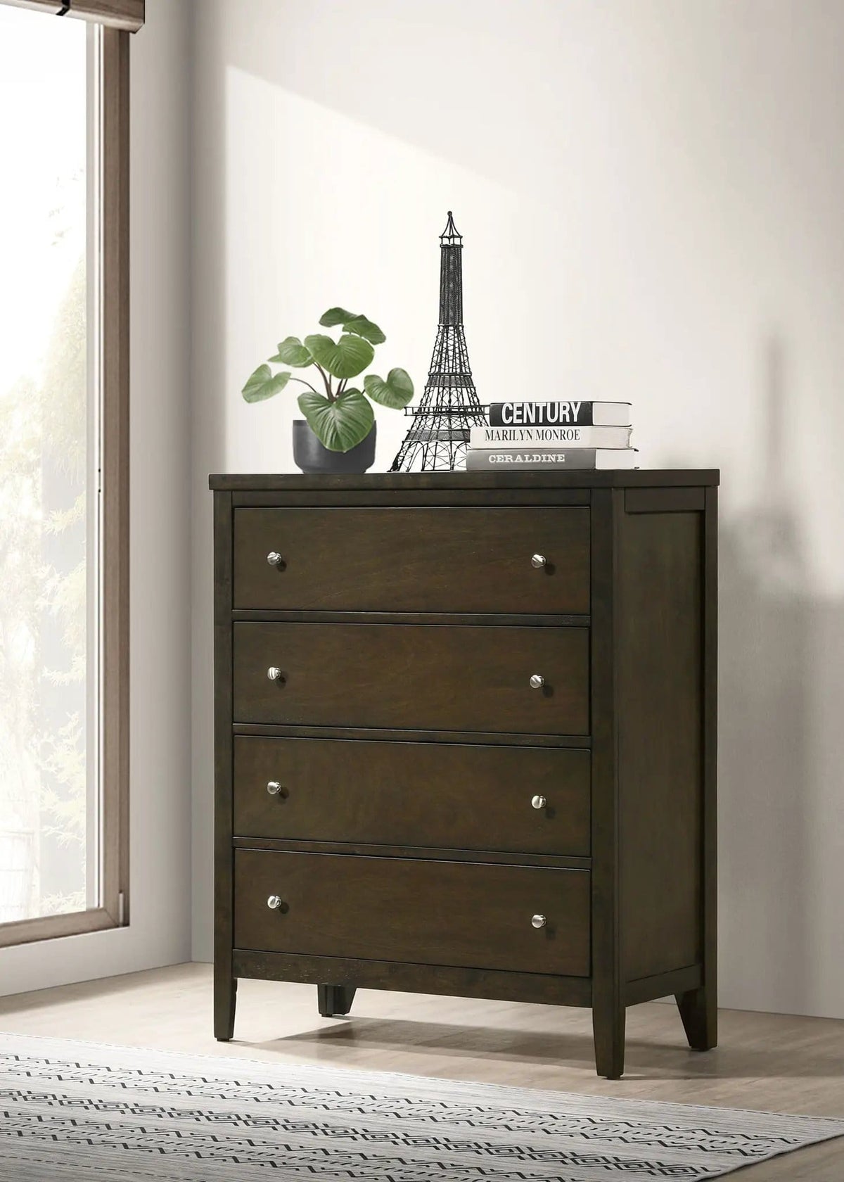 Wilkes 4-drawer Chest of Drawers Dark Cocoa | 35 x 15.25 x 43.5 in | Rubberwood & Engineered Wood | Bedroom