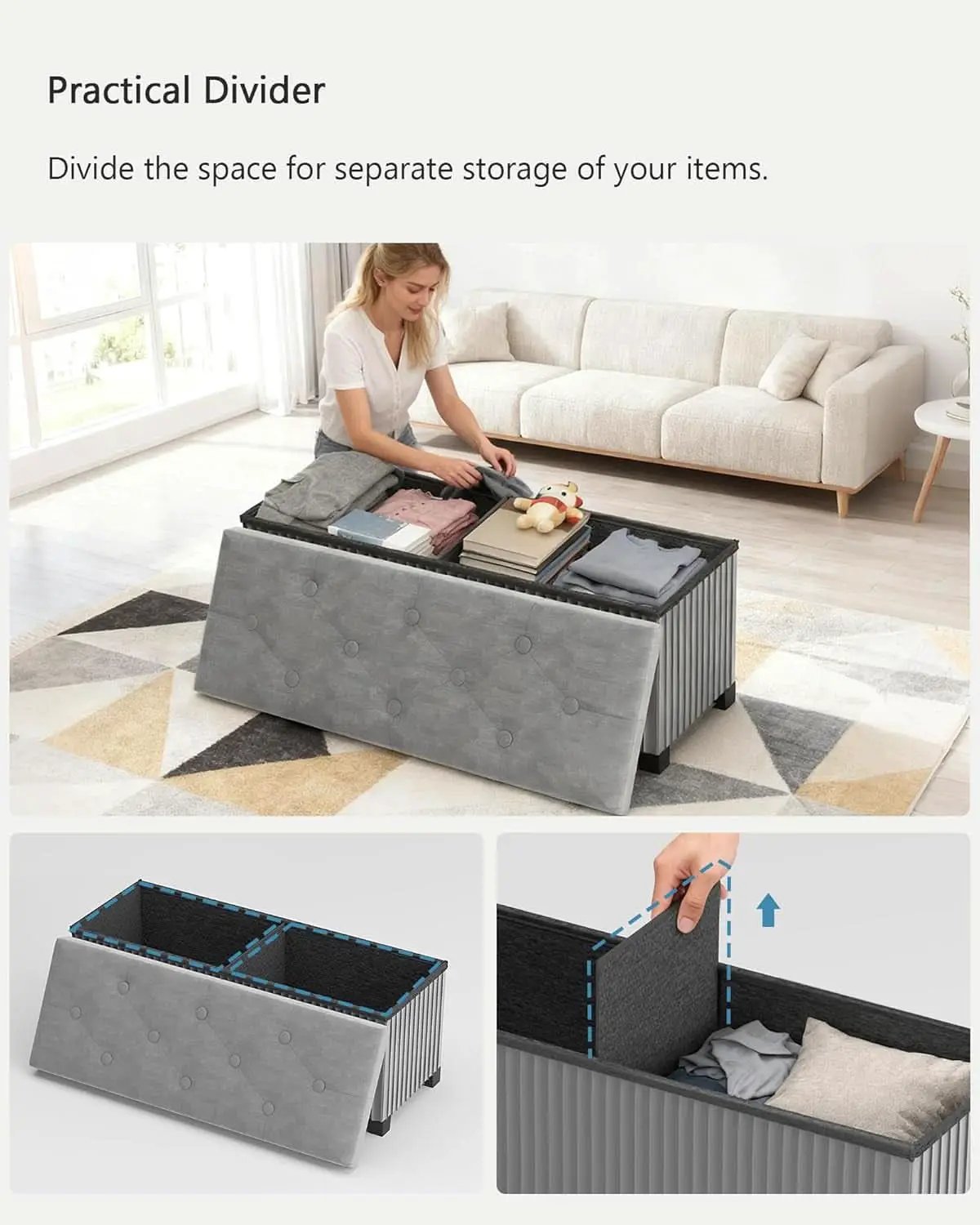 43 Inch Luxurious Velvet Storage Ottoman Bench Grey from PriceLows™