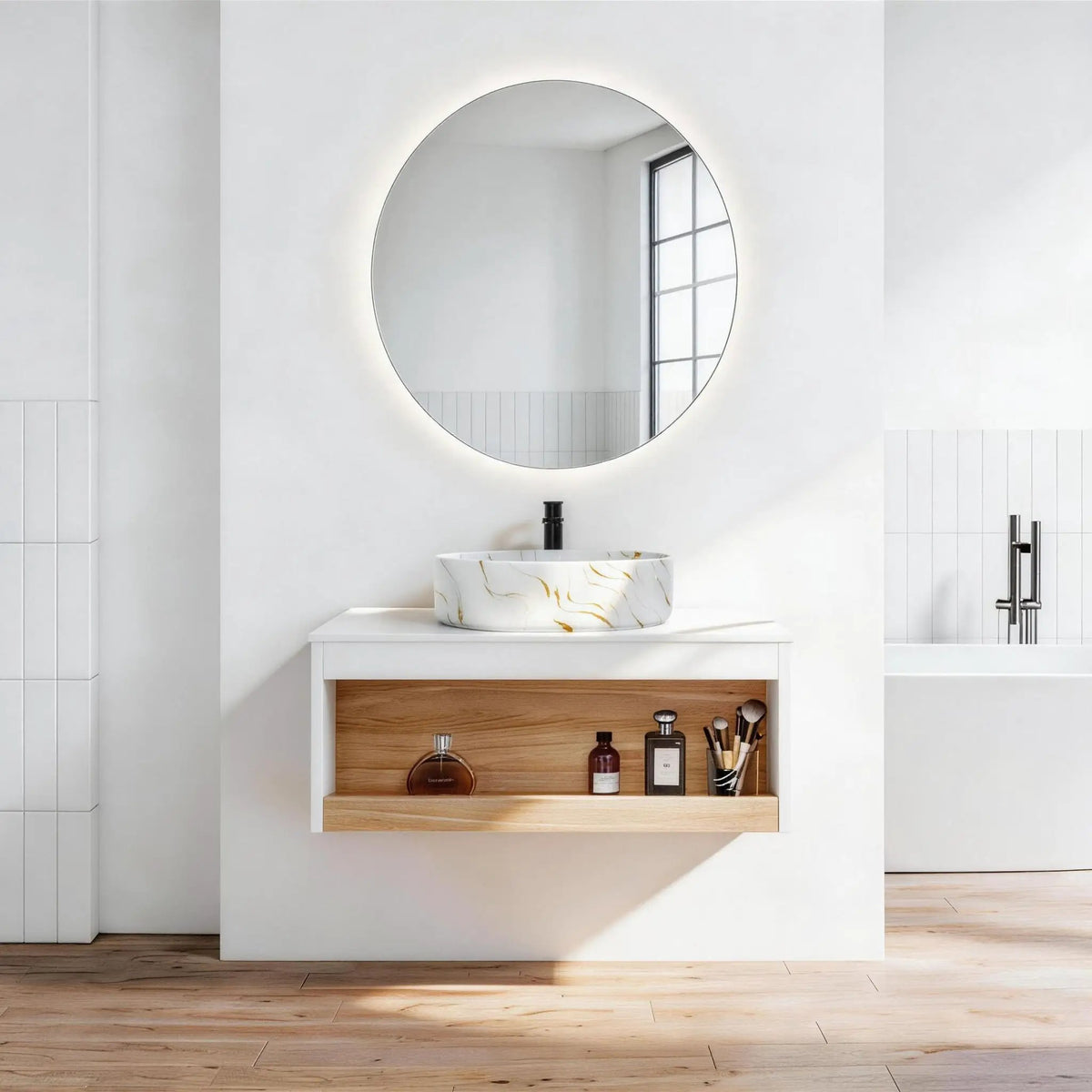 Floating Bathroom Vanity | Wall Mounted | Ceramic Vessel Sink | White