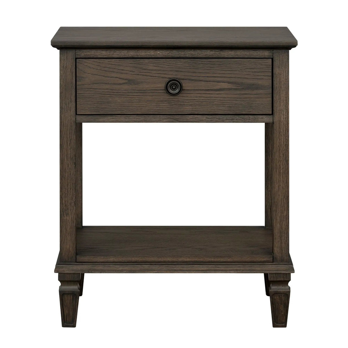 Victoria Bedside Table | Aged Brown Oak Finish | Drawer And Open Shelf | Wire Brush Detail