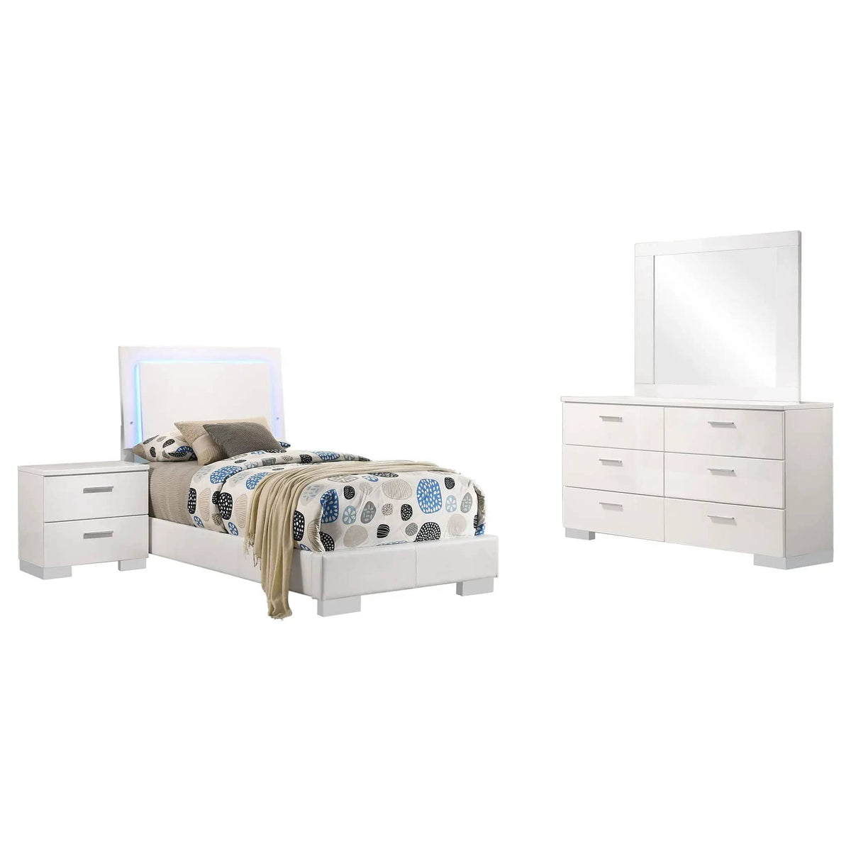 Felicity 4-piece Twin Bedroom Set White High Gloss | 4-Piece Set | Faux Leather & Metal | Bedroom