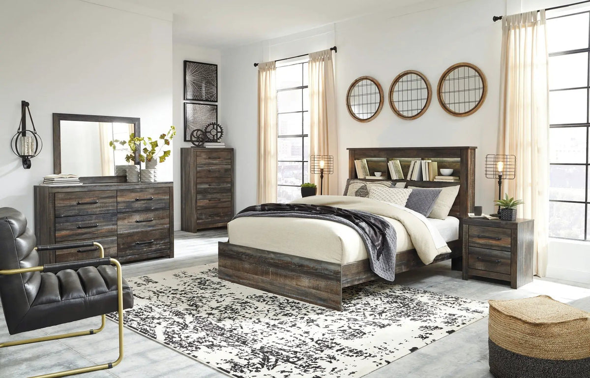 Drystan Panel Bookcase Bed | Storage Headboard | Rustic Industrial Style | 85 Inch Length