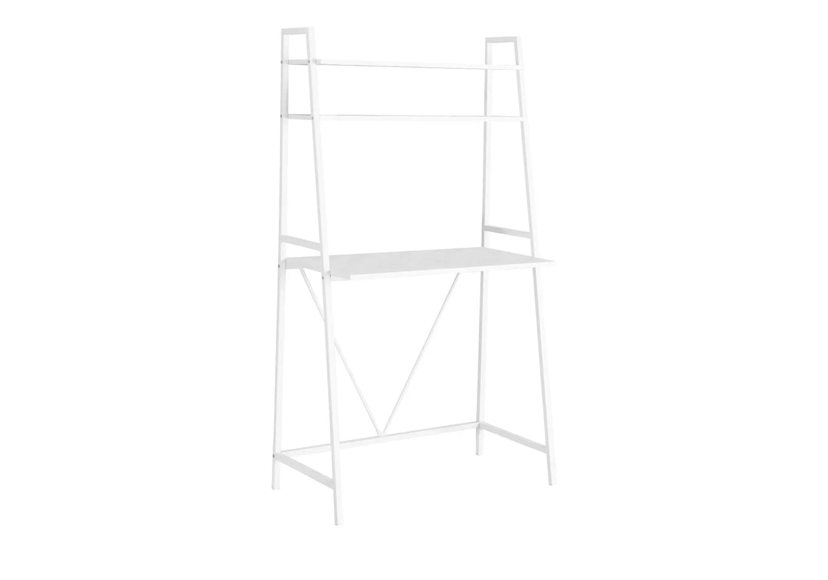 White Leaning Computer Desk | 60.25 Inch Height | 3 Ladder-Style Shelves | Spacious Top