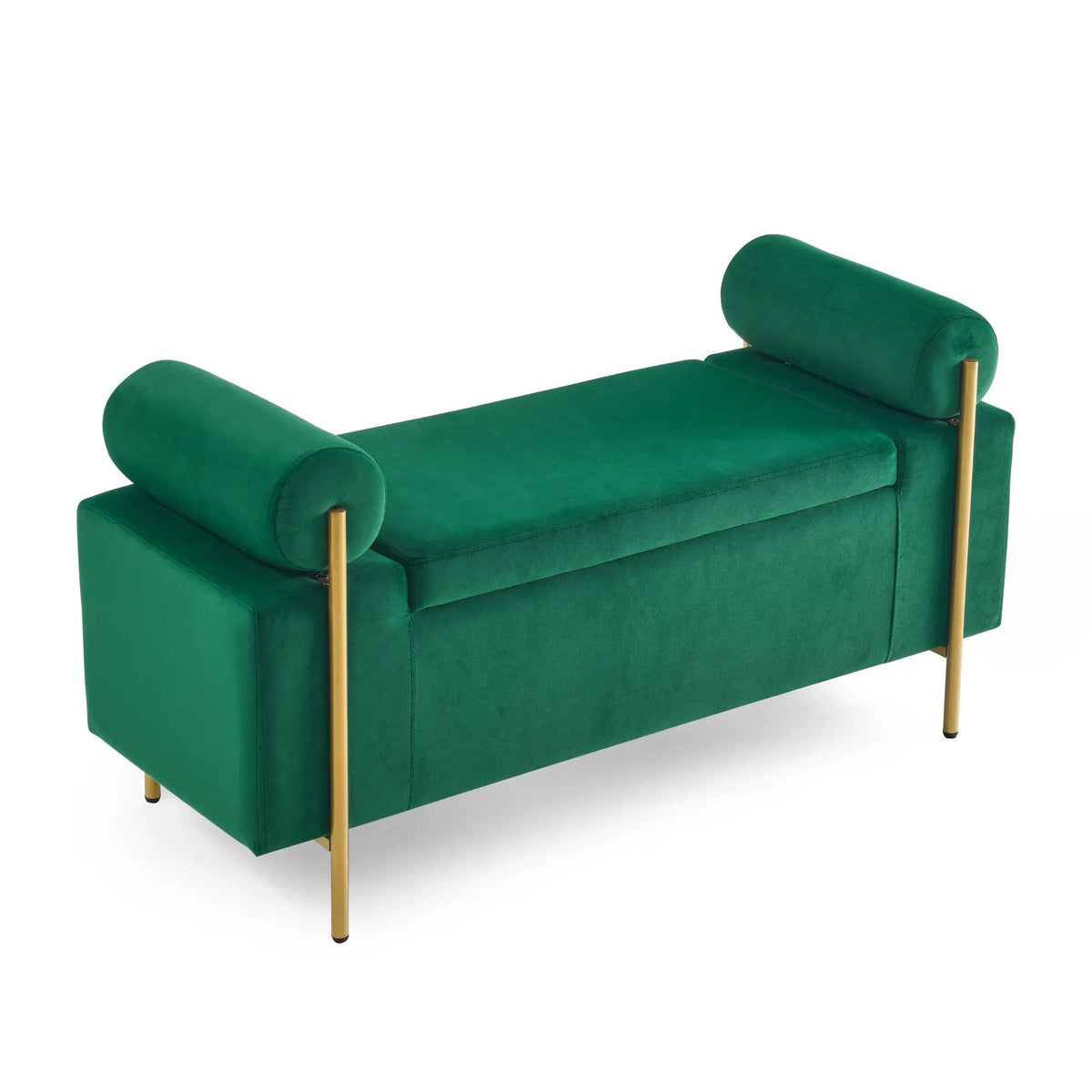 Upholstered Storage Bench | Cylindrical Arms | Iron Legs