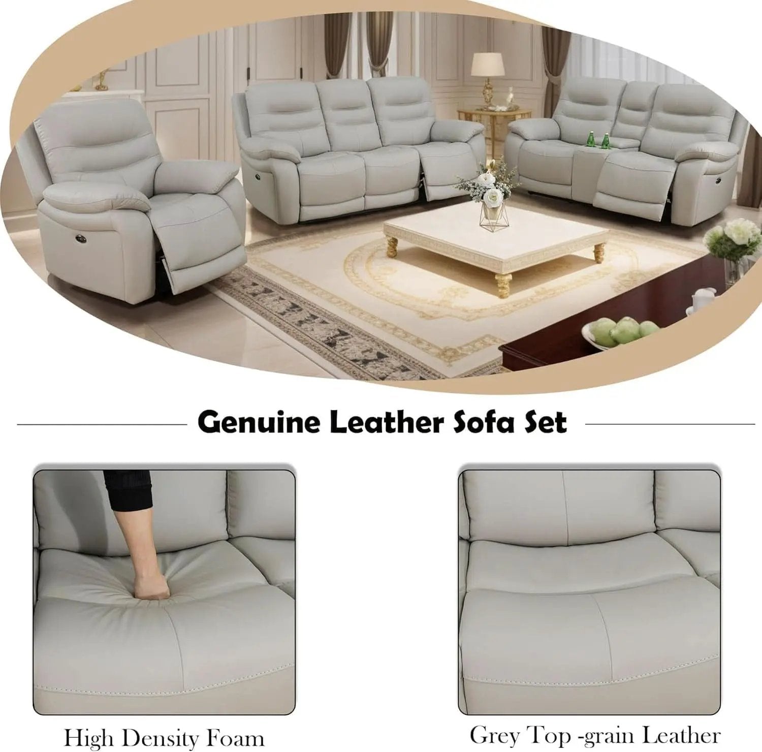 Genuine Leather Power Recliner Sofa Set 3 Piece Light Grey from PriceLows™