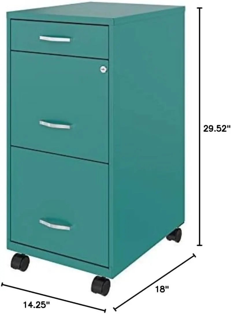 3 Drawer 29.52 Inch Turquoise Metal Filing Cabinet Lockable Preassembled for Home Office from PriceLows™