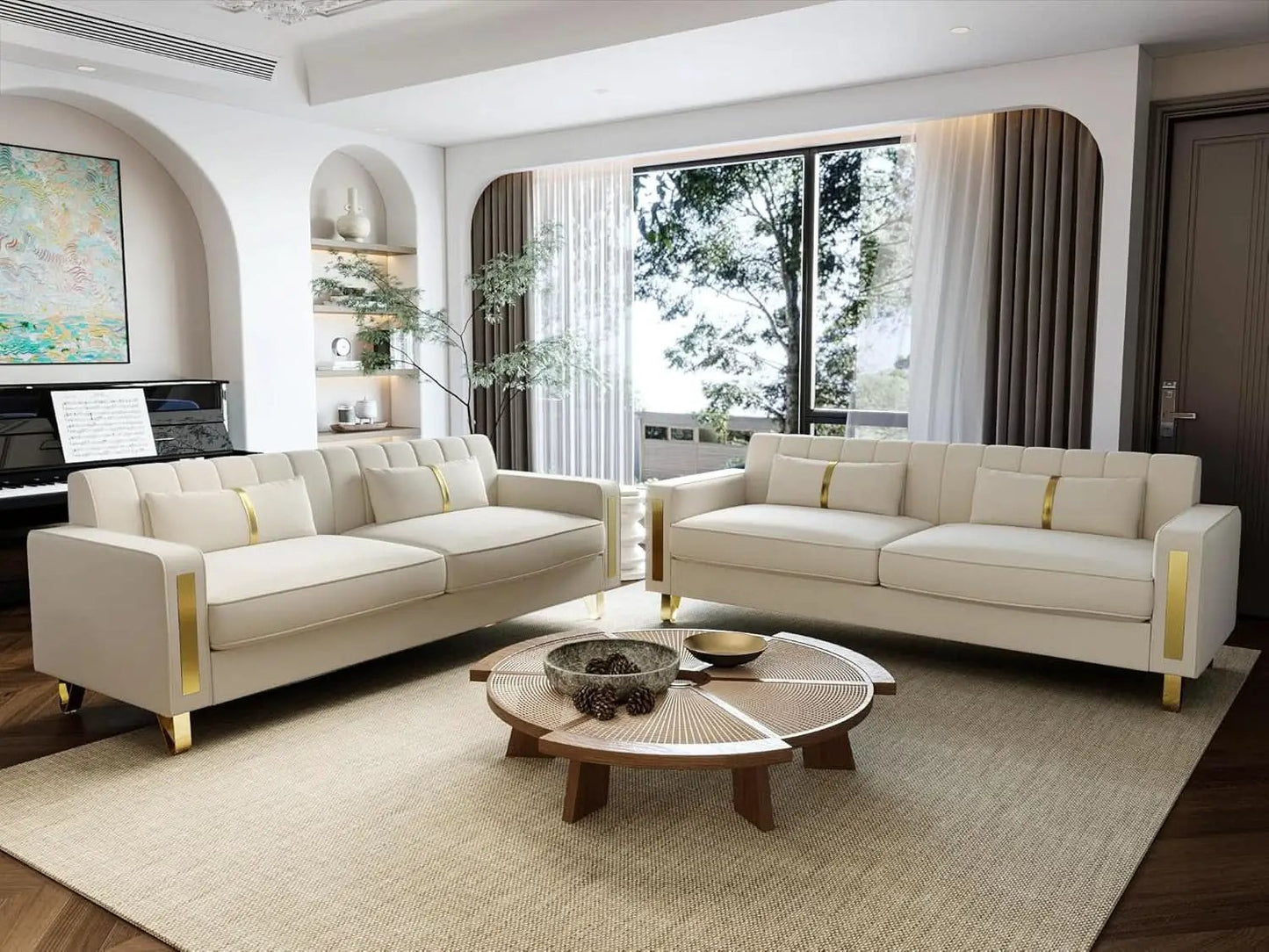 86 Inch Beige Velvet Loveseat With Gold Metal Legs Modern from PriceLows™