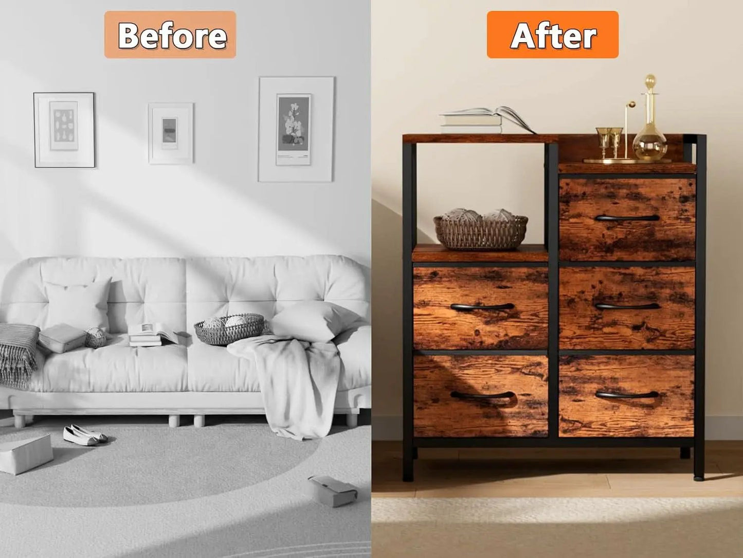 5 Drawer Rustic Brown Dresser With Metal Frame For Bedroom from PriceLows™