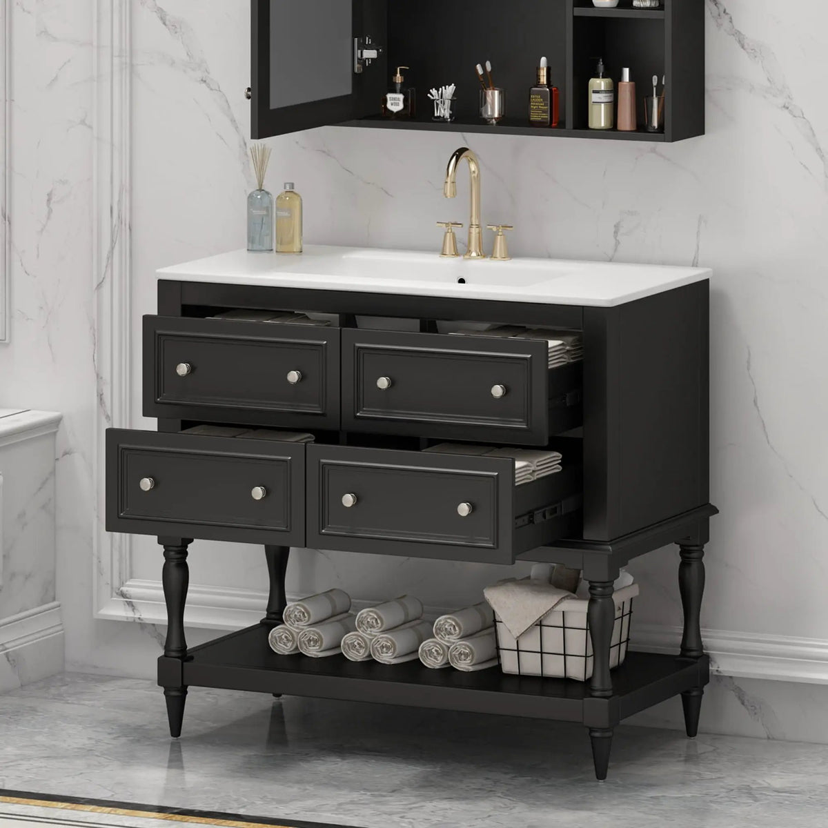 36 Inch Bathroom Vanity With Undermount Sink | 4 Extension Drawers | Solid Wood Frame | Ceramic Sink