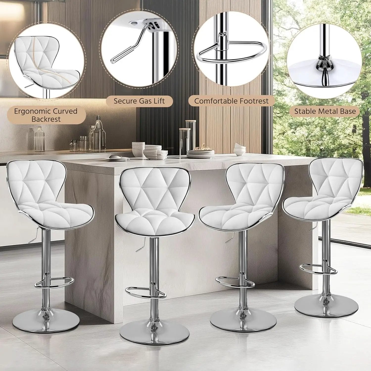 Bar Stools Set Of 2 White PU Leather Adjustable Swivel from PriceLows™