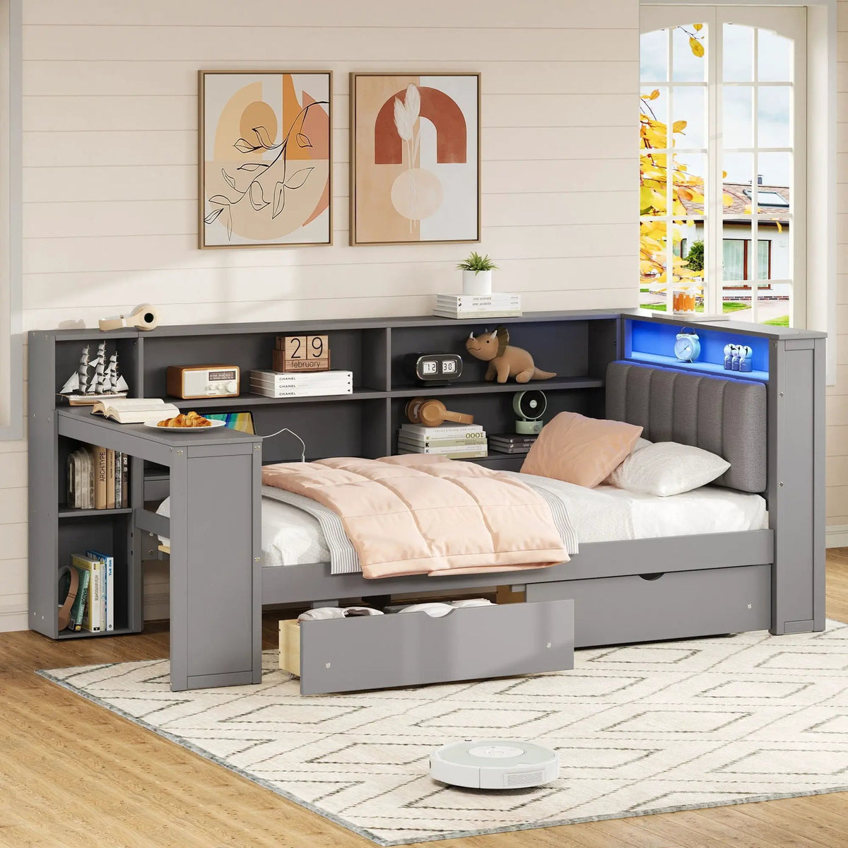 Upholstered Platform Storage Bed | Eight Open Shelves | Two Drawers | LED Lighting And Charging Station