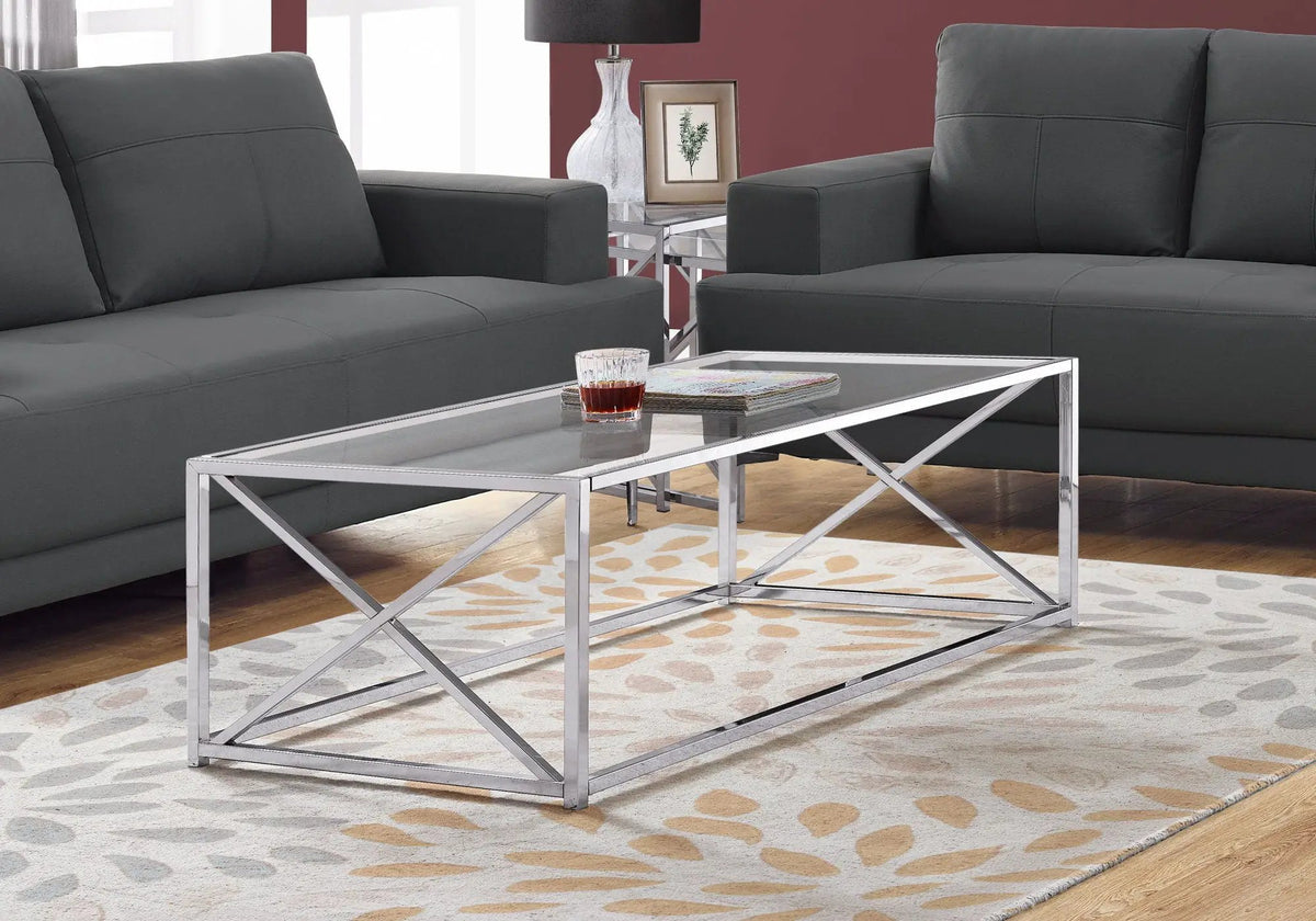 Rectangular Coffee Table | Chrome Base | Thick Clear Tempered Glass Top | X Accent Design