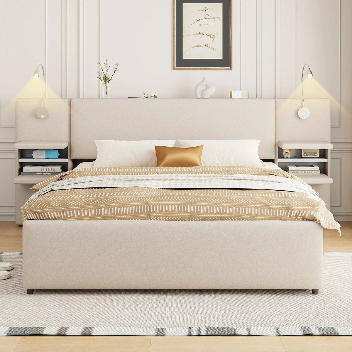 Upholstered Platform Bed | Reading Lights | Drawers And Trundle | Storage Shelves
