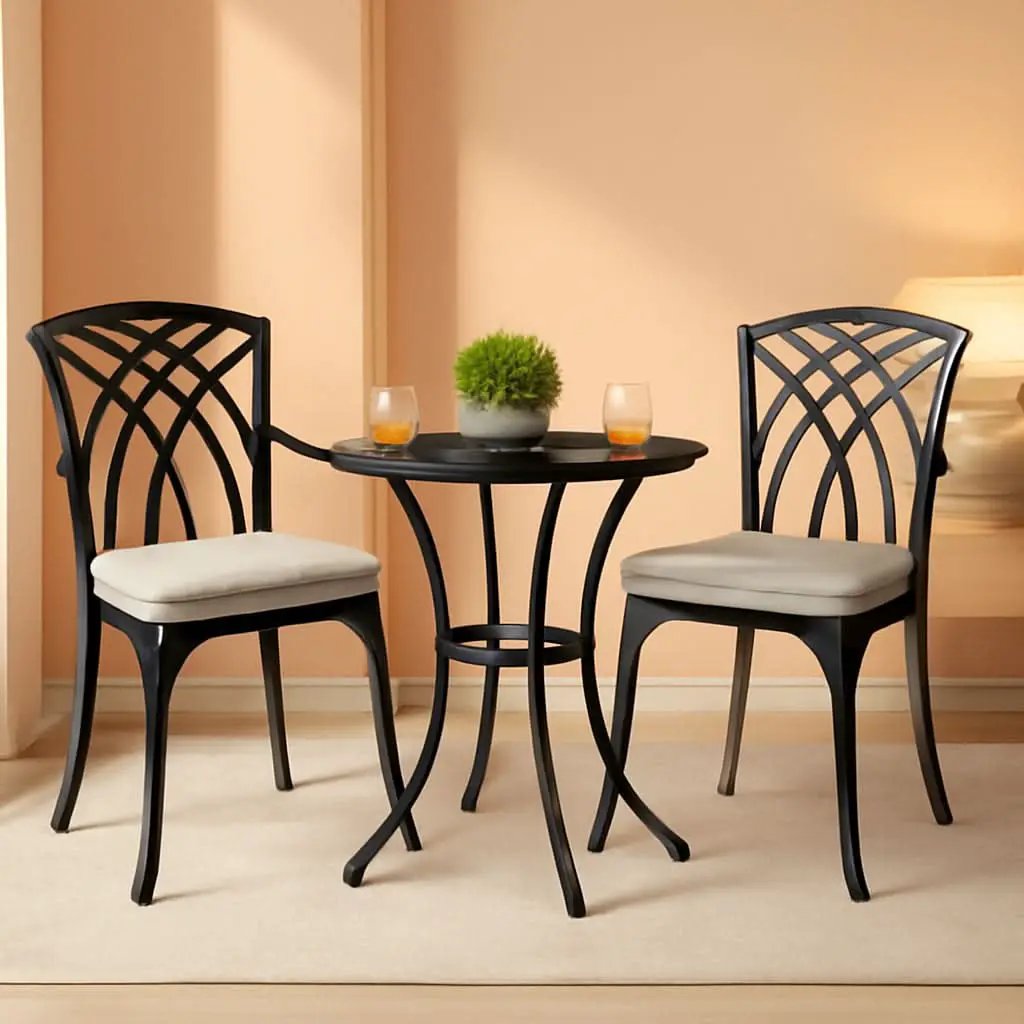 Outdoor Cast Aluminum Bistro Set 3 Piece With Umbrella Hole Gray Cushions from PriceLows™