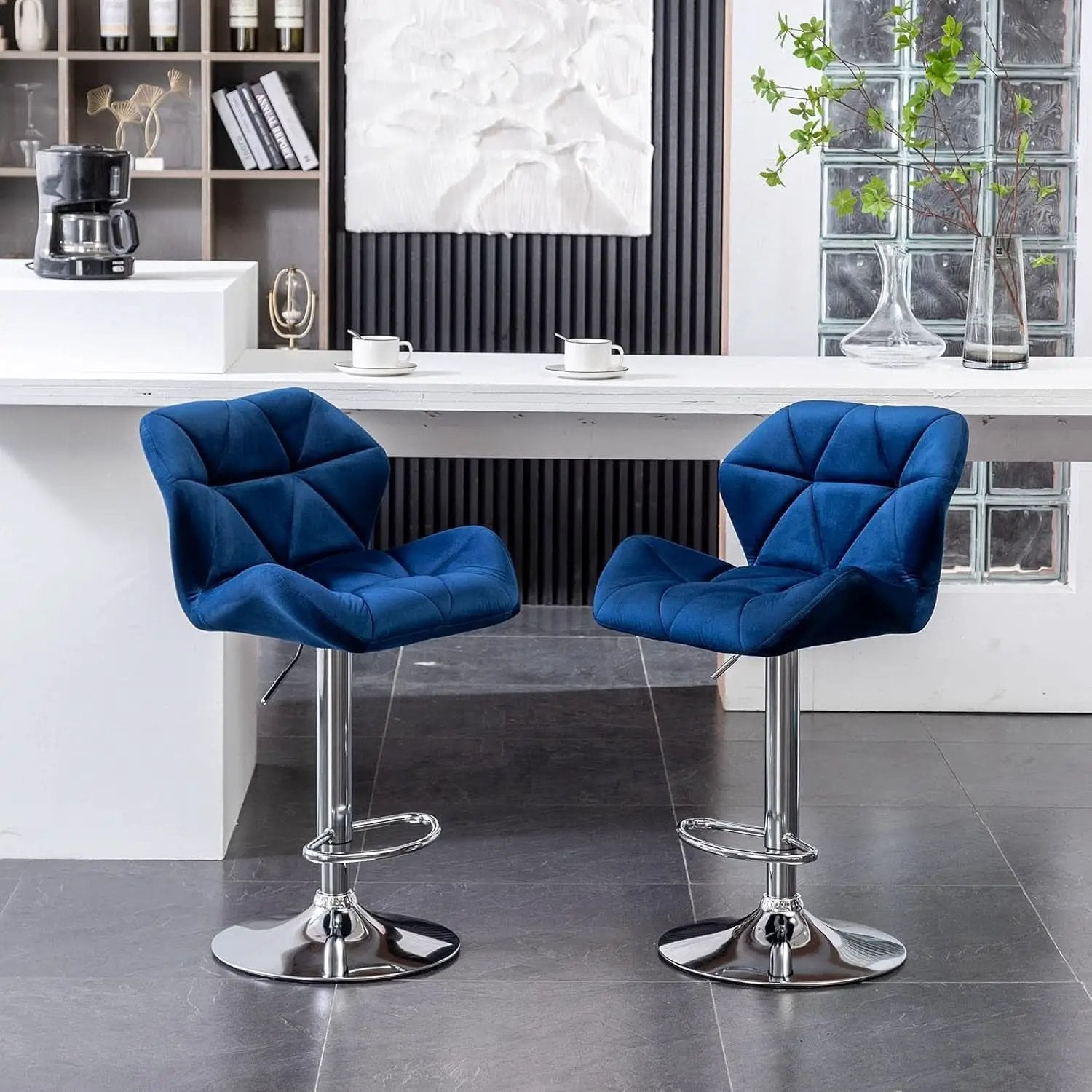 Velvet Diamond Tufted Swivel Barstools Blue Adjustable Height Set of 2 from PriceLows™