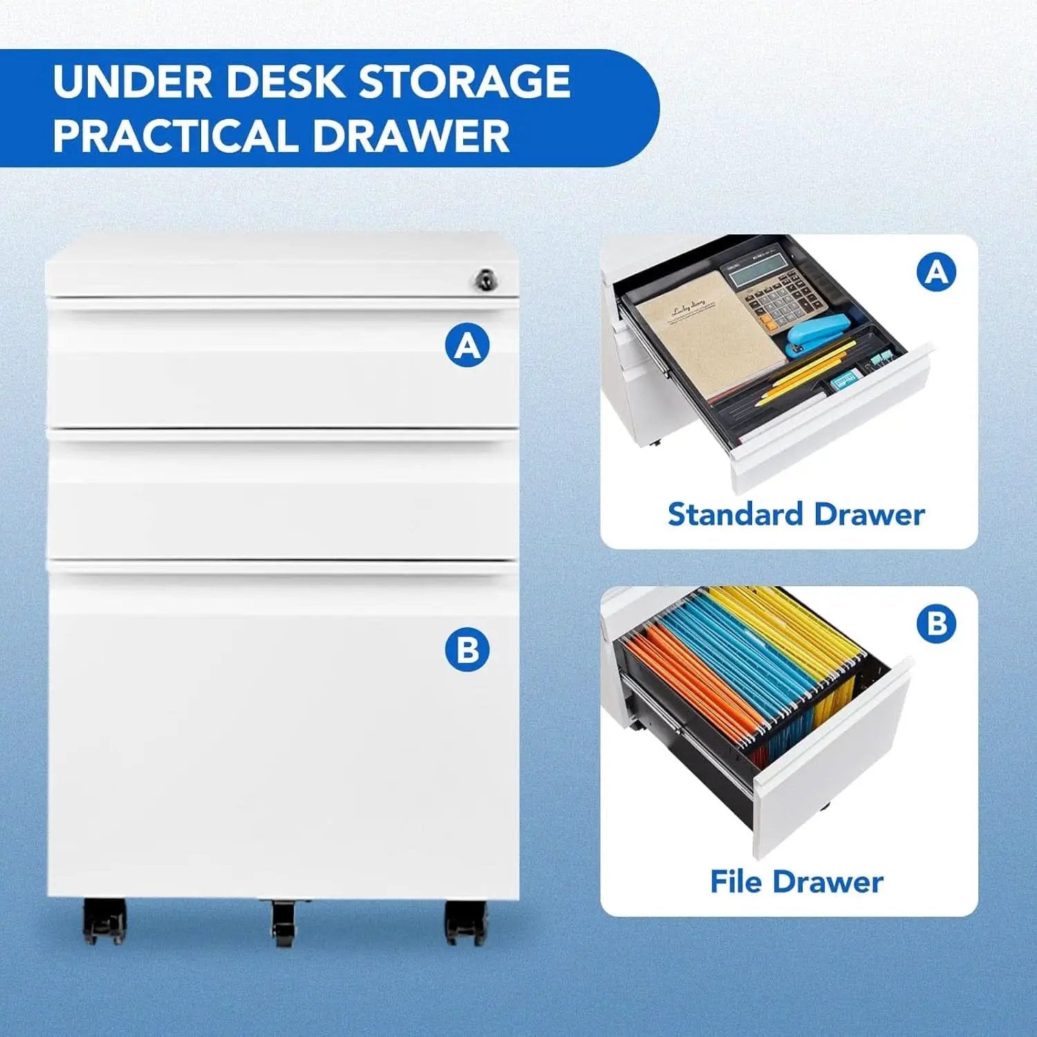 Three Drawer Mobile File Cabinet Under Desk White With Locking System For Legal Letter A4 Files from PriceLows™
