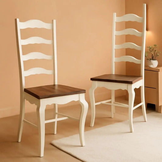 French Countryside Oak And White Pair Of Dining Chairs With Distressed Finish from PriceLows™