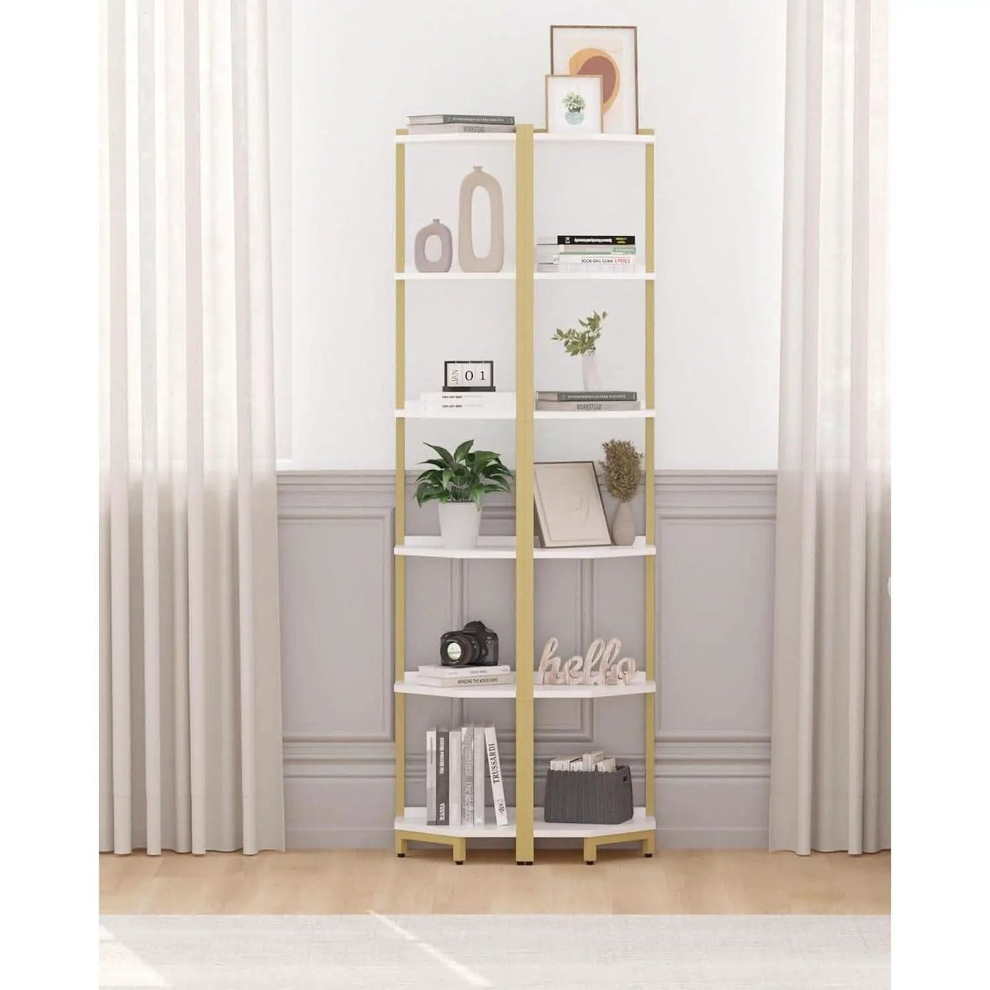 6-Tier Corner Shelf Stand White Gold Finish For Living Room from PriceLows™