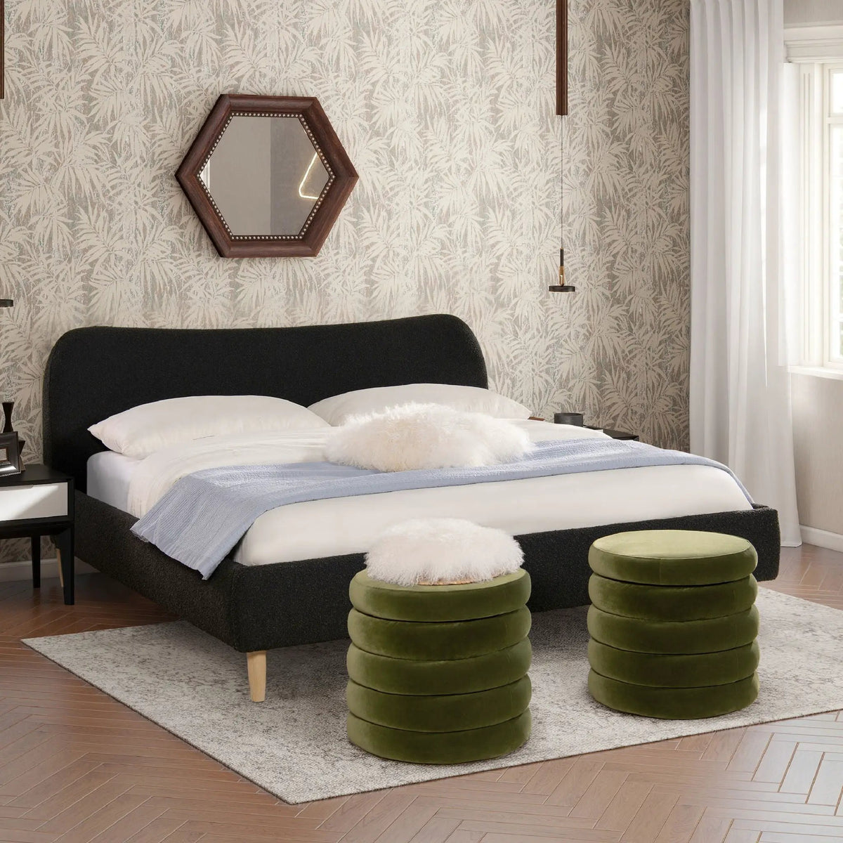 Roman Upholstered Platform Bed | Curved Headboard | Upholstered Rails | Eco-Friendly Construction