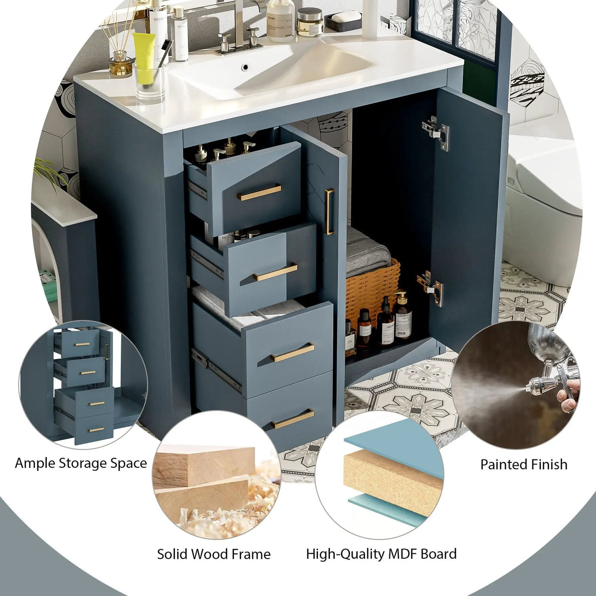 36 Inch Bathroom Vanity | Ceramic Sink Combo | 3 Drawers | Soft Closing Doors
