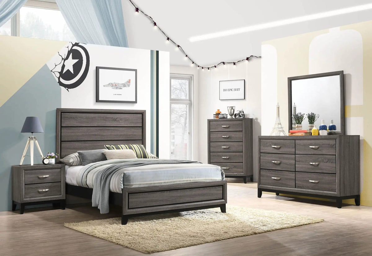 Watson Five-piece Full Bedroom Set Grey | 57.25 x 78.75 x 56.5 in | Rubberwood & Engineered Wood | Oak